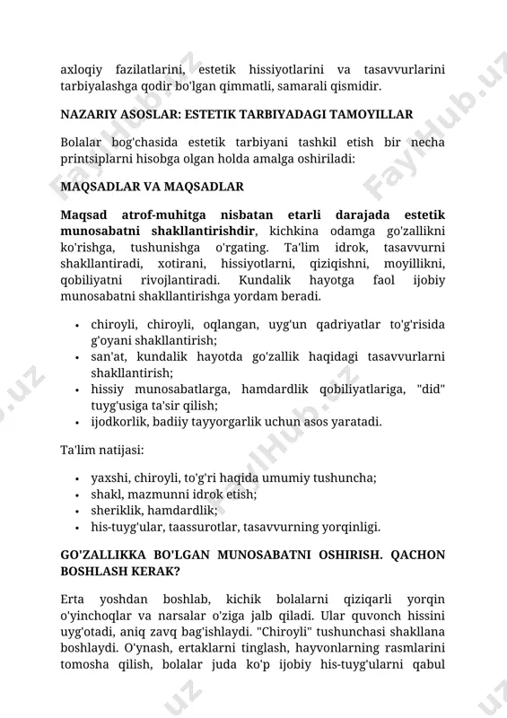 ning (tarbiyachi-bola) birgalikdagi faoliyati, shuning uchun o'qituvchining shaxsiyati asosiy rollardan birini o'ynaydi. har qanday maktabgacha tarbiya muassasasida shaxsning barcha muhim xususiyatlarini rivojlantirish imkoniyati mavjud. oila yordamida to'g'ri tuzilgan tarbiya sxemasi bolani jamiyatning estetik jihatdan rivojlangan fuqarosi sifatida shakllantirishni kafolatlaydi. maktabgacha yoshdagi bolalarda didni tarbiyalash lazzat hissi - bu san'atning haqiqiy go'zalligi bilan "muloqot qilish" dan ma'naviy zavq olishda namoyon bo'ladigan murakkab kishilik xususiyati. bu san'at asarlarini tushunish, zavqlanish, tabiat go'zalligini, kundalik hayotning o'ziga xos xususiyatlarini, kiyim-kechaklarni anglash. zehni shakllantirishda, oilaning doimiy ko'magi bilan ta'lim va tarbiya hal qiluvchi rol o'ynaydi. adabiyot, musiqa madaniy qadriyatlari bilan tanishish bolalik davrida mavjud bo'lgan badiiy asarlarni o'rganish, ularning go'zalligini ko'rish yoki ko'rishni o'rganishga yordam beradi. bolalar asarlarni taniy boshlaydilar, sevimli ertaklari, musiqiy asarlari paydo bo'ladi, ular bu davr uchun ular uchun estetik idealga aylanadi. kattalar yordamida ular so'zlar va musiqaning go'zalligi va boyligini ko'rishadi. bu kundalik hayotning shakllanishiga yanada ta'sir ko'rsatadigan badiiy didning asosidir. …