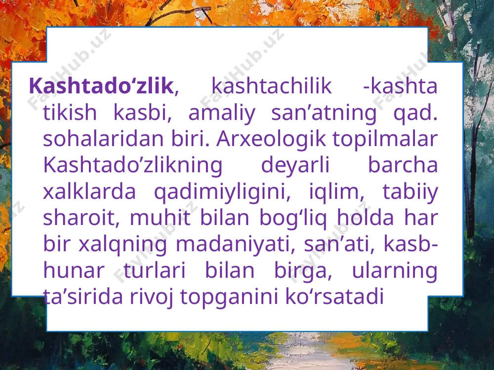 yyorlagan. so`zana kelinlarning sepi hisoblangan. kashta tikish texnologiyasi kashta — turli rangdagi ipak, mulina, zar ip bilan igna, ilmoqli bigizda har xil matoga qo`lda yoki mashinada gul tikishdir. kashta har xil kiyimlarga, ro`zg`or buyumlariga tikiladi. kashtachilikda mato, kigiz, charm, karton, zig`ir, jun, ipak, sun’iy iplar, zar iplar, mayin sim, xom charmdan tayyorlangan tasmalar, munchoq, marjon, metall pulakcha, qimmatbaho tabiiy va sun’iy toshlar, shishadan tayyorlangan munchoqlar va boshqa materiallar ishlatiladi. e’tiboringiz uchun rahmat image2.jpeg image3.jpeg image4.jpeg image5.jpeg image6.jpeg image7.jpeg image8.jpeg image9.jpeg image10.jpeg image11.jpeg image12.jpeg image13.jpeg image14.jpeg /docprops/thumbnail.jpeg