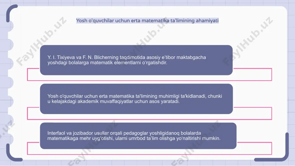'lim muassasasida matematikaga boy muhit yaratish y. i. tixiyeva va f. n. blicherning taqdimotida asosiy e’tibor maktabgacha yoshdagi bolalarga matematik elementlarni o‘rgatishdir. muhokama qilingan asosiy yondashuv maktabgacha ta'lim muassasasida matematikaga boy muhitni yaratishdir. bolalarni kundalik mashg‘ulotlar va o‘yinlar orqali matematikaga singdirish orqali o‘qituvchilar ularga matematik tushunchalarda mustahkam poydevor yaratishga yordam beradi. ushbu faol yondashuv matematikaga yoshligidan muhabbatni tarbiyalash uchun zarurdir. innovatsion o'qitish usullari va ijodiy dars rejalari orqali maktabgacha ta'lim muassasalari o'qituvchilari matematikani yosh o'quvchilar uchun qiziqarli va qiziqarli qilishlari mumkin. ushbu taqdimot kelajakdagi akademik muvaffaqiyatni shakllantirishda erta matematik ta'limning muhimligini ta'kidlaydi. maktabgacha yoshdagi bolalarning matematik qobiliyatlarini baholash va baholash "maktabgacha yoshdagi bolalarga matematik elementlarni o'rgatish" mavzusidagi taqdimotda y. i. tixiyeva va f. n. blicher yosh bolalarda matematika ko'nikmalarini baholash va baholashni muhokama qiladilar. asosiy e'tibor maktabgacha yoshdagi bolalarning ehtiyojlari va qobiliyatlariga moslashtirilgan qiziqarli faoliyat va usullar orqali asosiy matematik ko'nikmalarni rivojlantirishga qaratilgan. tadqiqotchilar yosh o‘quvchilarda tanqidiy fikrlash, muammoni yechish …