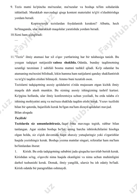 shtirishga yordam beradi. kopirayterda tezislardan foydalanish kerakmi? albatta, hech bo'lmaganda, ular murakkab maqolalar yaratishda yordam beradi. 10. sizni ham qiziqtiradi: — — — 11. "tezis" ilmiy atamasi har xil o'quv yurtlarining har bir talabasiga tanish. bu yozgan tadqiqot natijasidir xulosa shaklida. odatda, bunday taqdimotning uzunligi taxminan 2 sahifali bosma matnni tashkil qiladi. ko'p odamlar bu atamaning ma'nosini bilishadi, lekin hamma ham natijalarni qanday shakllantirish va to'g'ri taqdim etishni bilmaydi. ammo buni tuzatish oson. tezislarni tadqiqotning asosiy qoidalarini o'zida mujassam etgan kichik ilmiy maqola deb atash mumkin. bu sizning asosiy ishingizning tashrif kartasi. ko'pgina hollarda, ular ilmiy konferentsiya uchun yoziladi, bu erda talaba o'z ishining mohiyatini aniq va ma'ruza shaklida taqdim etishi kerak. yozuv tuzilishi bilan bir qatorda, bajarilishi kerak bo'lgan ma'lum dizayn qoidalari mavjud. bilan aloqada tuzilishi tezislarda siz umumlashtirasiz, faqat bitta mavzuga tegish, rahbar bilan tanlangan. agar sizdan boshqa bo'lsa, uning barcha ishtirokchilarini hisobga olgan holda, siz o'qish davomida …