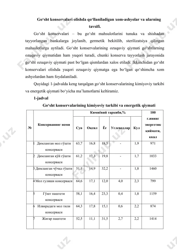 otlari kiradi. qo‘shimcha xom ashyolarga esa yorma, kraxmal, o‘simlik moylari, tuz, qand, nitritlar, ziravorlar kiradi. go‘sht konservalari ishlab chiqarishda i va ii kategoriya semizlikdagi hamma tur go‘shtlardan foydalaniladi. foydalaniladigan go‘shtlar sog‘lom mollardan olingan, yangi go‘shtlar bo‘lishi kerak. konserva olish uchun buqa go‘shtlaridan, shuningdek qarri mollarning (10 yoshdan ortiq) va ikki marta muzlatilgan go‘shtlardan foydalanishga ruxsat etilmaydi. standart talabi bo‘yicha sovugan, sovutilgan va muzlatilgan go‘shtlardan foydalanish talab etiladi. hovuridan tushmagan go‘shtni konserva olishda foydalanishga tavsiya etilmaydi. bunga sabab birinchidan bunday go‘shtlardan tayyorlangan konservalarning ta’m ko‘rsatkichlari past bo‘ladi, ikkinchidan mol so‘ygandan keyin go‘shtning qotish jarayonida hosil bo‘lgan sut kislotasi bikarbonat bufer tizimini parchalab, karbonat angidrid gazining erkin holda ajralib chiqishini vujudga keltiradi. bu esa bombajni hosil qiladi. oliy navli konservalar i kategoriya semizlikka ega bo‘lgan go‘shtlardan ishlab chiqariladi. shuningdek, ba’zi hollarda veterinariya-sanitariya ekspertizasi asosida konserva ishlab chiqarishga tavsiya etilgan go‘shtlardan ham foydalanish mumkin. konserva ishlab chiqarishda i va ii kategoriya kalla-pocha mahsulotlaridan …