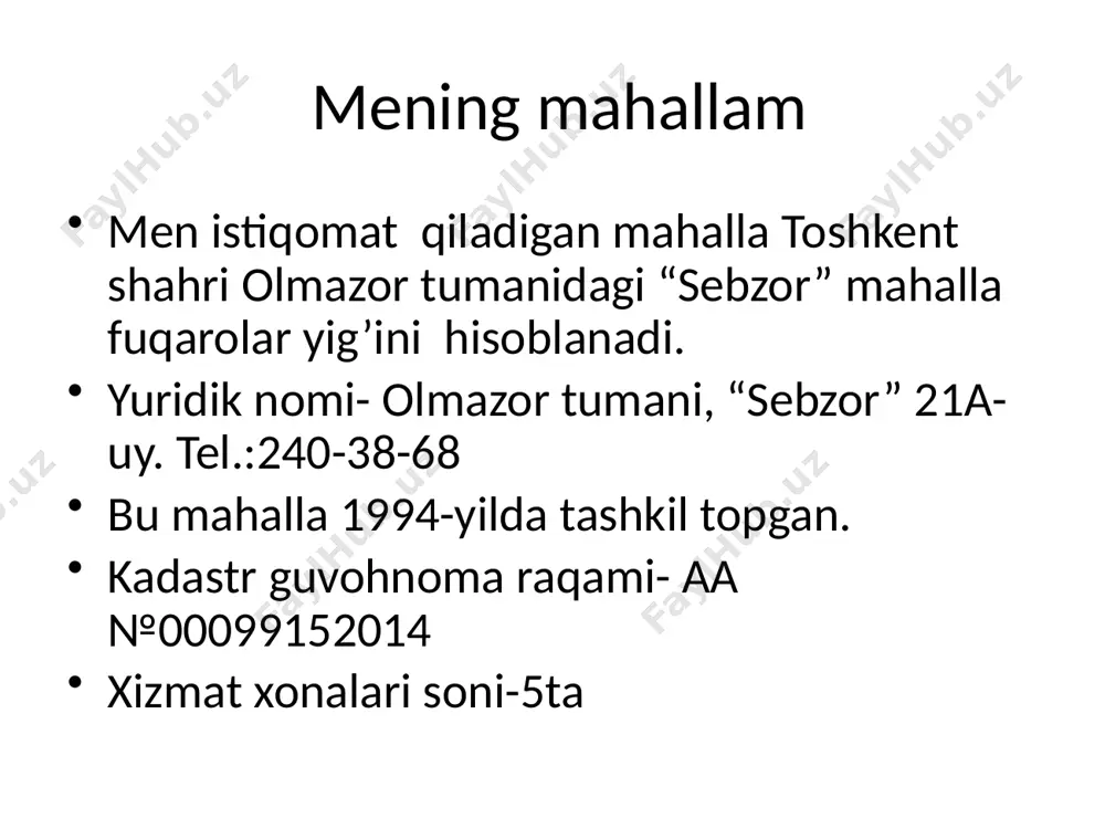 :227-32-91 faks: “bahor” 551-sonli “gulg’unchalar gulshani’ mtm rahbari yaxyayeva iroda tel:227-33-45 faks: “gulg’unchalar gulshani” 233-sonli “moychechak” mtm rahbari usmonova shoira tel: 227-36-45 faks: “moychechak” xususiy uy-joy mulkdorlari shirkatiga oid ma’lumotlar xususiy uy-joy mulkdorlari shirkatlari soni– 4ta yo’laklar soni-126ta temir eshiklari mavjud yo’laklar soni-122ta kodli qulflar o’rnatilgam eshiklar soni- 122ta ijtimoiy-ma’naviy muhit bilan bog’liq ko’rsatkichlar ijtimoiy muhofazaga oid oilalar soni- 25ta kam ta’minlangan oilalar soni-1ta 2yoshgacha nafaqa oluvchilar- 1ta profilaktik hisobda turgan giyohvandlik va psixotrop maddalar iste’mol qiluvchilar soni-2ta profilaktik hisobda turgan diniy ekstromistik oqim toifasiga mansub bo’lganlar soni- 2ta shundan ayollar-1ta nogironlar nafaqasi oluvchilar soni-27ta profilaktik xisobda turgan notinch va noqobil oilalar soni-2ta mehnatga layoqatli, ish bilan band bo’lmagan aholi soni-25ta shundan ish bilan ta’minlangan aholi soni- 3387ta ish bilan ta’minlanmagan kollej bitiruvchilar soni-4ta shundan ish bilan ta’minlangan bitiruvchilar soni-48 mahalla quyidagi organlar bilan aloqa bog’lagan: xalq ta’limi vazirligi oliy ta’lim vazirligi sog’liqni saqlash iib yoshlar ittifoqi prokuratura hokimiyat qoshidagi …