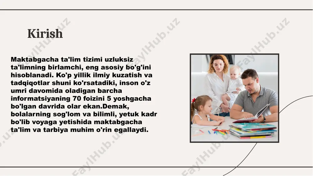ga berishlari mumkin. masalan, yaponiyada bolalar yaslisiga (bolaga qarash markazi) bolani uch oyligidan berish mumkin, lekin bunday holat yaponlar orasida keng tarqalgan emas, chunki bunday yoshda bolani yasliga joylashtirish uchun onada juda jiddiy sabab bo'lishi kerak. shuningdek bunday ayol jamiyat tomonidan yaxshi ona deb baholanmaydi. atrofdagilarning fíkri esa yaponlar uchun "eng asosiy" deb hisoblanadi. yaponiyada bolalar yaslisiga faqat ota-onasi ishlaydigan bolalar qabul qilinadi tajribalar: yaponiya, italiya va xitoy o'zbekiston angliya, shotlandiya, uels shimoliy irlandiyada italiya singapur 6-7 yosh 5-6 yosh 4-6 yosh 3-6 yosh 3-6 yosh singapurda ham maktabgacha ta'lim ta'limning boshlang'ich bo'g'ini hisoblanadi. bog'chaga bolalar 3 yoshdan qabul qilinadi. ikki-uch yil davomida ularga ona tili va ingliz tili, o'qish, sanash, kuylash, rasm chizish, raqs tushish kabilar o'rgatiladi. singapurda davlatga qarashli bog'chalar yo'q. maktabgacha ta'lim muassasalarining barchasi xususiy bo'lib, ayrimlarigina diniy tashkilot yoki jamg'armalar tomonidan boshqariladi. maktabgacha tayyorlov guruhlari xalqaro tajribalar uzluksiz ta'lim tizimida xorijiy davlatlarning ilg'or tajribalarini o'rganar ekanmiz, …