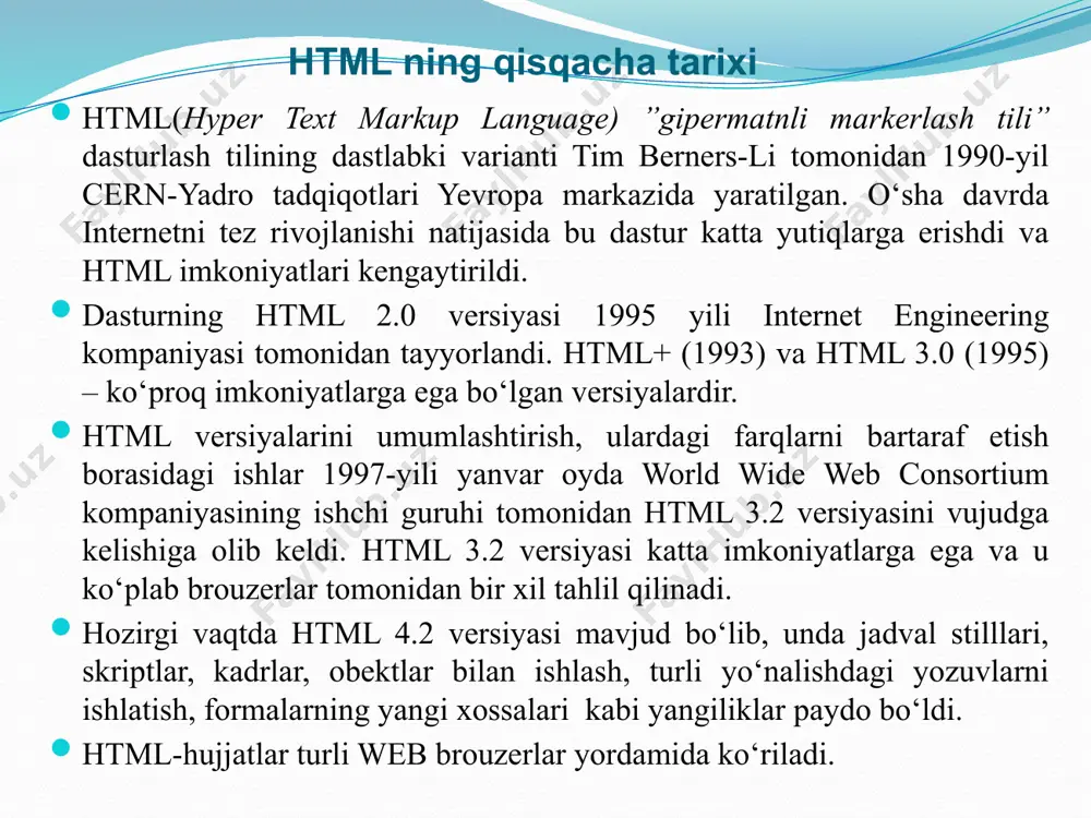 cha yozuv turadi. bu yozuvni hosil qilish uchun quyidagi ochiluvchi va yopiluvchi teglaridan fodalanamiz. misol: web sahifa sarlavhasi web sahifaning asosiy qismi va teglari orasida joylashadi. bu oddiy matn bo’lishi mumkin. brauzer bu matnni tug’ridan to’g’ri interpretastiya qilib ekranda tasvirlaydi. bizga dastlabki web sahifamizni yaratish uchun oddiy «bloknot» matn muharriri kifoya. quyida ko’rsatilgan misolni matn muharririda yozib, uni xotiraga yozishda kengaytmasini html yoki htm deb kiritishimiz kerak. misol: mening birinchi web sahifam mening bu sahifamga kiruvchilarga alangali salom!!! bu faylni ishga tushirish uchun sichqoncha ko’rsatkichini shu fayl ustiga keltirib chap tugmasini ikki marta bosish kerak. natijada ekranda quydagi ko’rinishdagi natija hosil bo’ladi: tegi bir qancha qo’shimcha parametrlarga ega. bu parametrlar tegning ochiluvchi qismida joylashadi. parametrlar ikki qismdan iborat bo’ladi: parametr nomi va parametr qiymati. masalan bgcolor parametri tasvirlanayotgan web sahifa fonining rangini belgilaydi. masalan: parametrlarning satrli qiymatlari qo’shtirnoq ichida yoziladi. biz quyida tegining parametrlari bilan tanishamiz. background - fon sifatida …
