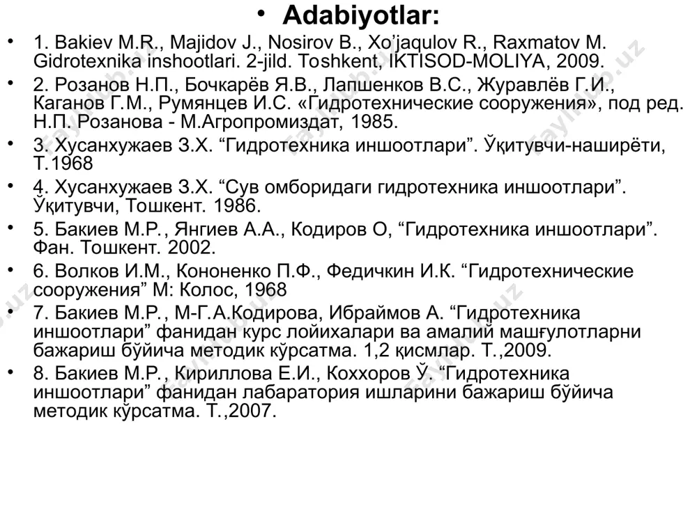 kazishning ma’qul sxemasi b qator omillarga bog’liq bo’ladi, ular gidrologik, geolop topografik sharoitlar, qurilayotgan inshootlar bo’g’ini konstruktsiyas xususan suv tashlash to’g’onining balandligi va planda joylashishi. maksimal suv sarfi (qqur) inshootning sarfiga qarab qab qilinadi: i-ii sinf inshootlari uchun q3%; iii-iv sinf inshootlari uchun q10%; shuning bilan bir qatorda, qurilish suv sarfi daryoni hisobiy yil uchun maksimal kuzatilgan suv sarfidan kam bo’lmasli kerak. past bosimli inshootlar bo’g’inida qurilish suv sarfini o’tkazish ikki sxema bo’yicha olib boriladi: daryoni boshqa tomonga burmasdan va daryoni boshqa tomonga burib. 3. daryo o’zanini to’sib, qurilish sarfin o’tkazish. daryoni to’sish keng qayirda yoyilib oqadigan daryolar; olib boriladi. bunda vd>2vt shart bajarilishi kerak. bu holda inshoot xandagi birinchi navbatda ko’tarma bilan o’rg olinadi. o’rab olinadigan qismi ustundan 10 m masofada bo’lib, grunt to’g’on bilan birlashtiriladi daryo o’zanining torayishi natijasida ko’tarma damba oldida s> sathi ma’lum qiymatga oshadi. bu qiymat quyidagi formula bilan hisoblanadi bunda: u0 — tabiiy o’zandan …