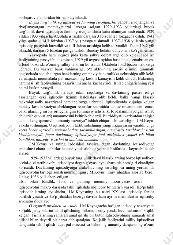 nazariyasi» nomli asosiy asari 1936 yili chop etildi. j.m.keyns ilmiy ishlar bilan birga faol amaliy va siyosiy faoliyat bilan ham shug‘ullandi. u yirik sug‘urta kompaniyasining raisi, investitsiya kompaniyasining boshqaruvchisi, «iqtisodiy jurnal» muharriri, davlat amaldori, moliya vazirligining iqtisod bo‘yicha maslahatchisi lavozimlarida ishladi. buyuk turg‘unlik davrining boshidan boshlab j.m.keyns iqtisodiy inqiroz va ish bilan bandlik savollari bilan yaqindan shug‘ullana boshladi. 1929 yili u ishsizlik muammolari bo‘yicha iqtisodiy kengash raisi etib tayinlandi. ikkinchi jahon urushi yillari (1940) u britaniya xazinachiligi maslahatchisi qilib tayinlandi. 1941 yili u aqsh hukumati bilan lendliz kelishuvi bo‘yicha materiallarni va boshqa moliyaviy hujjatlarni tayyorlash uchun ingliz hukumati delegatsiyasi tarkibiga kiritildi. 1942 yilda angliya banki direktorlaridan biri etib tayinlandi. j.m.keyns 1944 yilda xalqaro valyuta fondi va xalqaro tiklanish va rivojlanish bankini tashkil etish rejasini ishlab chiqqan bretton-vud valyuta konferensiyasiga o‘z mamlakatining bosh vakili qilib tasdiqlandi. keyin esa ushbu xalqaro moliyaviy tashkilotlarining boshqaruv a’zolaridan biri etib tayinlandi. buyuk turg‘unlik va iqtisodiyot …