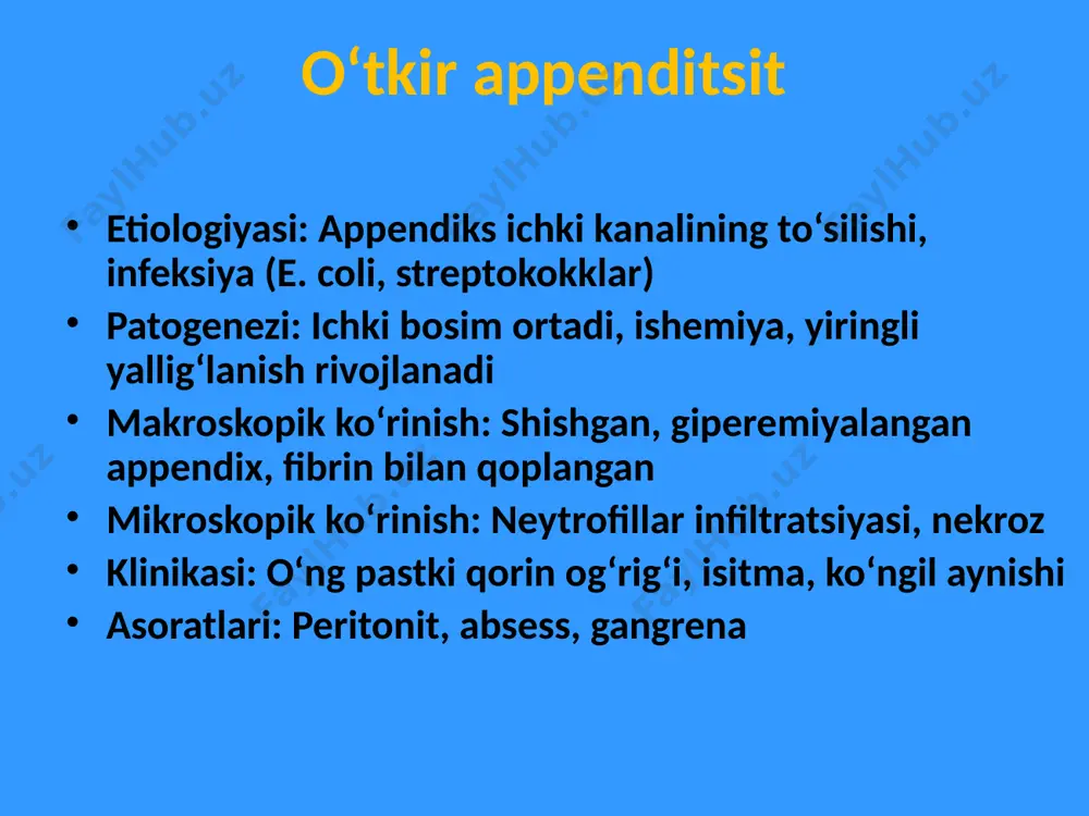 ogenezi: fermentlar faollashadi, avtohazm makroskopik ko‘rinish: nekroz, gemorragiyalar, yog‘ nekrozi mikroskopik ko‘rinish: asinar nekroz, yog‘ hujayralari nekrozi klinikasi: belga uzatiluvchi og‘riq, qayt qilish asoratlari: pankreonekroz, sepsis oʻtkir gemarrogik nekrotik pankreatit pankreonekroz jigar usti (diafragma osti) abssessi. me’da yarasi perforatsiyasi etiologiyasi: h. pylori, stress, dori vositalari (nsaid) patogenezi: shilliq qavat yemiriladi, yara paydo bo‘ladi makroskopik ko‘rinish: oval yoki dumaloq yara, atrofida shish mikroskopik ko‘rinish: yara tubida nekroz, infiltratsiya klinikasi: epigastral og‘riq, qorin muskullari qattiqligi asoratlari: perforatsiya, qon ketishi o‘t pufagi yallig‘lanishi (xoletsistit) etiologiyasi: o‘t toshlari, infeksiya patogenezi: obstruksiya, sekretsiya to‘planadi, yallig‘lanish makroskopik ko‘rinish: qalin devorli, yiringli yoki yallig‘langan mikroskopik ko‘rinish: o‘t yo‘llari epiteliysida infiltratsiya klinikasi: o‘ng qovurg‘a ostida og‘riq, isitma asoratlari: emfizematoz xoletsistit, gangrena o‘tkir flegmonoz-nekrotik xolesistit. surunkali xolesistit safro toshi kasalligi, o‘tkir xoletsisto-xolangit, xolangiyogen jigar abssesslari eʼtiboringiz uchun rahmat! image2.jpeg image3.jpeg image4.jpeg image5.jpeg image6.png image7.png image8.png image9.png image10.jpeg image11.jpeg image12.jpeg image13.jpeg image14.jpeg image15.jpeg image16.jpeg image17.jpeg image18.jpeg image19.jpeg image20.jpeg image21.jpeg image22.jpeg …