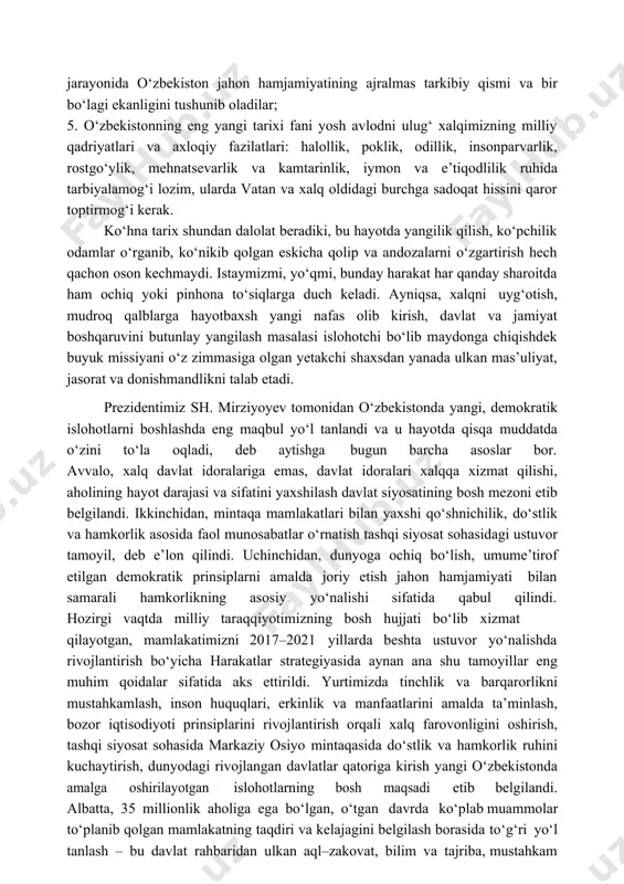tarixiy voqea va hodisalarni tahlil etmasdan, tarixiy bilim va tarbiya bermasdan uning ongida milliy о‘zlik va vatanparvarlik tuyg‘ularini shakllantirish mumkin emas. shunday ekan, mustaqil о‘zbekiston ta’lim tizimida vatan tarixini mufassal, asosiy fan sifatida о‘qitish bugungi hayotimizning eng dolzarb vazifalaridan biri bо‘lib qolishi – bu davr taqozosidir. о‘zbekistonning eng yangi tarixi fanining yaxlit konsepsiyasini yaratish, buni amalga oshirish uchun bir butun tarixiy jarayonni nisbatan mustaqil bо‘lgan bо‘laklarga, yani davrlarga bо‘lish va ularni chuqur tahlil qilish lozim. asosiy vazifalardan yana biri – yangi yozilgan tarixni о‘rganishni tahlil qilishdir. komil insonni tarbiyalashdek dolzarb vazifani amalga oshirishda о‘zbekistonning eng yangi tarixi fani oldida quyidagi vazifalar turadi: 1. о‘zbekistonning eng yangi tarixi fani yosh avlod ongida siyosiy, ilmiy–nazariy dunyoqarashni shakllantirish, voqea va hodisalarga tarixiy nuqtai nazardan yondoshadigan har tomonlama yetuk, barkamol insonni tarbiyalash lozim; 2. о‘zbekistonning eng yangi tarixi mustaqil о‘zbekiston yoshlari ongida milliy vijdonni uyg‘otib, uning shakllanishiga kо‘maklashadi. yoshlar mazkur fanni о‘qib–о‘rgangandagina ularda istiqlol …