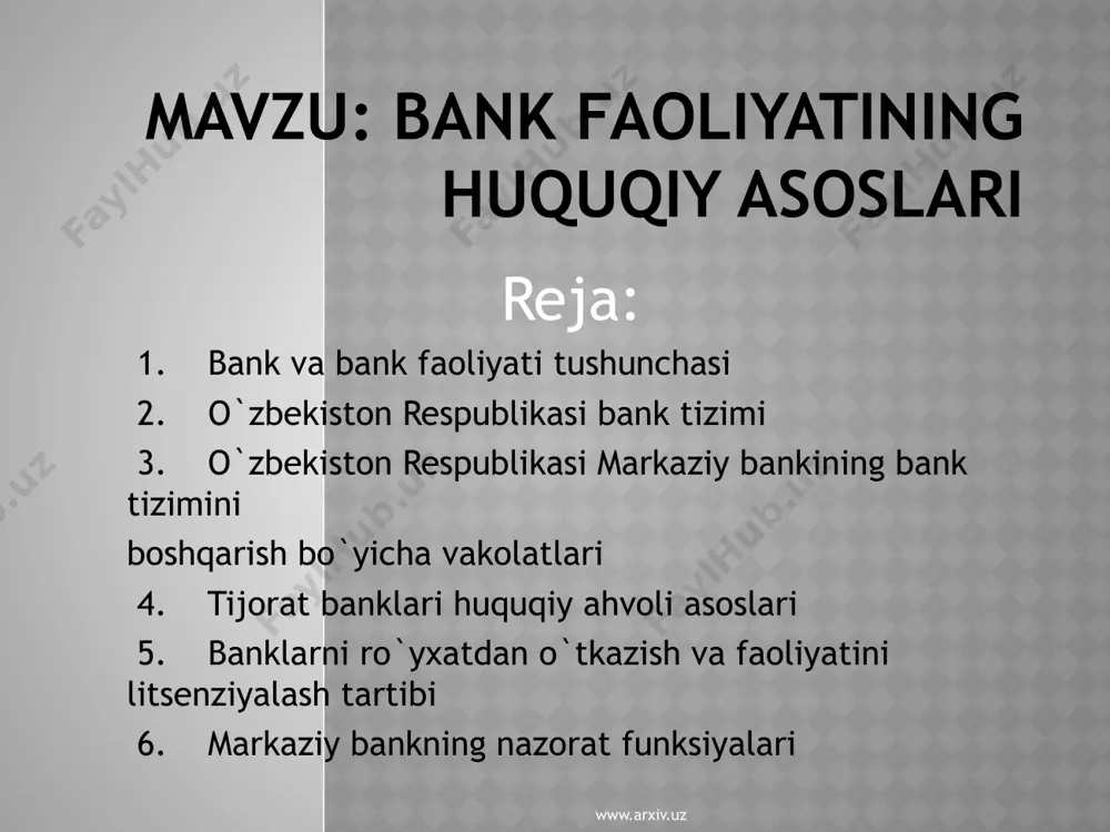 arxiv.uz bank tizimi bank tizimi har qanday davlat moliya tizimining eng muhim elementlaridan biri hisoblanadi. u iqtisodiy o`sishni ta'minlash, inflatsiya va to`lov balansini tartibga solish kabi joriy va strategik vazifalarni hal etish uchun foydalaniladi. jahon amaliyotida moliya-kredit muassasalari tomonidan o`z mijozlariga ko`rsatiladigan xizmatlar xususiyati bo`yicha kredit tizimining uch muhim elementi ajratiladi: 1) markaziy bank (emissiya banki); 2) tijorat banklari; 3) ixtisoslashtirilgan moliya muassasalari (sug`urta, jamg`arma va b. muassasalar). www.arxiv.uz markaziy bankining bank tizimini boshqarish bo`yicha vakolatlari markaziy bank o`zining huquqiy maqomi bo`yicha bank tizimini davlat tomonidan boshqarish organi hisoblanadi. bunday maqom asoslari o`zbekiston respublikasi konstitutsiyasining 124-moddasida belgilab berilgan bo`lib, unga asosan markaziy bank mamlakatimiz bank tizimini boshqaradi. markaziy bankning bank tizimini davlat boshqaruv organi sifatidagi aniq vakolatlari markaziy bank to`g`risidagi qonunda mustahkamlab berilgan. ushbu sifatda markaziy bank o`z vakolatlari doirasida monetar siyosat va valutani tartibga solish sohasidagi siyosatning asosiy yo`nalishlarini ishlab chiqadi, hisob-kitoblarning samarali tizimini tashkil etadi va ta'minlaydi. www.arxiv.uz …