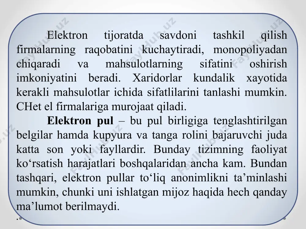 iz aloqa texnologiyasi. tarmoq qurilmalari orasidagi o‘zaro muloqotni va ularning internetga ulanishini engillashtiradi. sms (short message service) – qisqa xabarlar xizmati. mobil aloqa tarmoqlarida abonentlarning bir-birlariga qisqa matn xabarlarini uzatish va qabul qilish xizmati hisoblanadi. mms (multimedia messaging service) – gprs texnologiyasiga asoslangan multimedia xabarlarini almashish xizmati. xizmat rangli rasm, fotosurat, musiqa va hatto videoroliqlarni uzatish va qabul qilish imkonini beradi. mms-xabarlarni jo‘natish-qabul qilish uchun, mms xizmatni nafaqat telefon qurilmasi, balki mobil aloqa operatori ham qo‘llashi zarur. моbil aloqa hizmatlari so‘zlashuv – telefon raqami terilganda joriy mobil operator tayanch stansiyaning antennasi chaqirayotgan va chaqirilayotgan abonentlarni aniqlaydi. shundan so‘ng ushbu axborot uzib ulagichga (kommutator) yuborilib ikkita abonent bog‘lanadi va ushbu abonentlar orasida so‘zlashuv (ma’lumot almashinish) amalga oshiriladi . mobil internet – harakatdagi abonentlar uchun mobil aloqa tarmoqlari orqali internet resurslaridan foydalanish texnologiyasi. mobil internetning qulayligi shundan iboratki, bunda foydalanuvchining qaerda va qanday holatda bo‘lishidan qat’iy nazar u mobil aloqa atrmog‘i orqali …