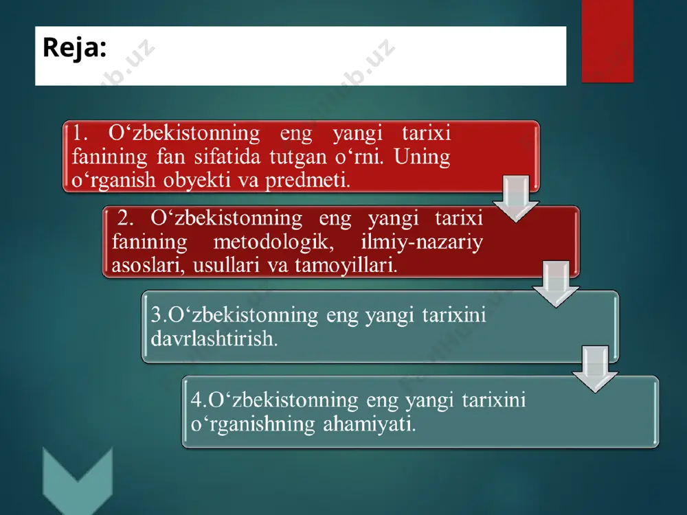 tonning eng yangi tarixi fanining maqsadi, vazifasi, yo‘nalishi va harakat (faoliyat) doirasi yoki chegarasi belgilanadi. maʼlum bir maʼnoda obʼyekt bilan predmet bir-biriga juda yaqin tushuncha bo‘lsa-da, ular tarix fanida tutgan o‘rni va vazifasi bilan farqlanadi. obyekt aniq tarixiy davr, makon, zamon va geografik mintaqaviy chegaralar, maʼlum bir xalq, millat, mamlakat tarixi bilan bog‘liq bo‘lib, maʼlum hudud doirasidagi voqea va hodisalarning bir butun va yaxlitlikda o‘z ichiga oladi. predmet esa mana shu bir butun obʼyekt ichidagi aniq siyosiy, tarixiy-madaniy, ijtimoiy-iqtisodiy jarayonlardan iborat bo‘ladi. o‘zbekistonning eng yangi tarixini o’rganish o‘zbekistonning eng yangi tarixi fani boshqa ijtimoiy fanlarga nisbatan ancha aniq fandir. u matematika usulidan ham keng foydalanadi. tarixiy voqea va hodisalar qatʼiy aniqlikda, davriy ketma-ketlik – xronologik asosda o‘rganiladi. o‘zbekistonning eng yangi tarixi fani mamlakatimiz yaqin o‘tmishidagi siyosiy-ijtimoiy, iqtisodiy hayotining ahvoli, holatini o‘rganadi, ulardan kelajak uchun saboq va xulosa chiqaradi. mustaqillikka erishishidagi murakkab siyosiy ahvol tahlil etilgan holda istiqlolning qanchalik ulug‘ neʼmat …