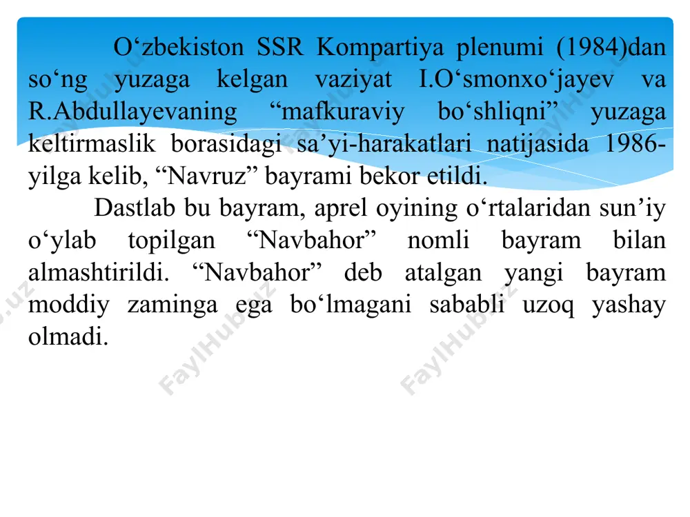 hbarlik, kommunistik mafkura, mustabid boshqaruv usuli hech qachon demokratiya bilan kelisha olmas edi. o‘zbekiston kompartiyasi markaziy komitetining birinchi kotiblari i.usmonxo‘jayev va r.nishonovda qatʼiy jurʼat, ittifoq doirasida respublikaning tutgan o‘rnini ochiq-oydin aytish uchun mardlik va iroda yetishmadi. qayta qurishning ikkinchi bosqichi (1987-1990-yillar) jamiyatning barcha jabhalarini kompleks tarzda isloh qilishni kun tartibiga qo‘ydi.bunday vazifa kommunistik mafkura tomonidan 1987-yil yanvarda yanada aniqlashtirildi. 1987-yil 27-28-yanvarda bo‘lib o‘tgan kpss mk plenumida kpss markaziy komitetining bosh sekretari m.s.gorbachyov “qayta qurish va partiyaning kadrlar siyosati to‘g‘risida” maʼruza qildi. unda siyosiy islohotlarning asosiy maqsadi oshkoralik va kadrlar siyosatini to‘g‘ri yuritish asosida sovet jamiyatini to‘liq demokratlashtirishga eʼtibor qaratildi. 2. markazning o‘zbekistonda amalga oshirgan qatag‘on siyosati. “paxta ishi”, “o‘zbeklar ishi” nomli soxta ishlar sovet davlati tomonidan boshlangan qatag‘onlarning oxirgi davri o‘zbekistonda xx asrning 80-yillarida “paxta ishi”, keyinroq “o‘zbeklar ishi” degan mashʼum nom ostida tarixga kirdi. mustabid tuzumning mashʼum “paxta ishi” va “o‘zbek ishi” deb nomlangan qatag‘onlik siyosati 1982-yil noyabrda kpss …