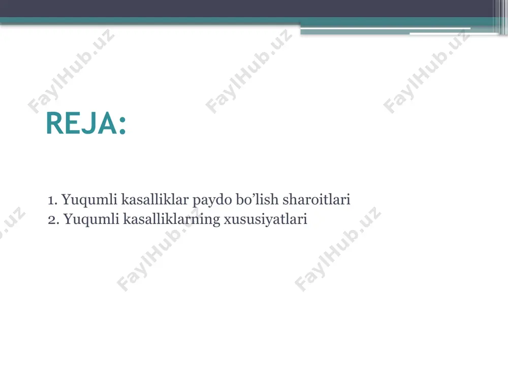 llik – makroorganizm qobiliyatining mikroorganizm tushishiga reaktsiya qilish qobiliyati bilan xarakterlanadi. shuningdek yuqumli kasalliklarning rivolanishiga tashqi muhitning ko’pgina omillari (fizik, ximik, biologik) ham tahsir qilishi mumkin, biroq ularning roli odam organizmi va mikroroorgnaizmlarga tahsiri bilan belgilanadi.. quyidagi keltirilgan tashqi muhit omillari oxir-oqibatda mahlum regionlarda yuqumli kasalliklar darajasida namoyon bo’ladi. yuqumli kasalliklar jamoaning rivojlanishi va uning farofvonligi darajasini aks ettiradigan patologiya deb anhanaviy qaraladi. fvda epidemiyaga qarshi kurashish chora tadbirlari 1.infeksiyani tarqab ketishi va oldini olish uchun sog’lomlashtirish tadbirlarini o’tkazish. 2.kasallanishni kamaytirish ,yoqotishga qaratilgan tadbirlar o’tkazish. 3.sanitariya oqartiruv ishlarini olib borish. 4.kasalliklarni chet davlatlardan kirib kelishini oldini olish tadbirlarini o’tkazish. /docprops/thumbnail.jpeg