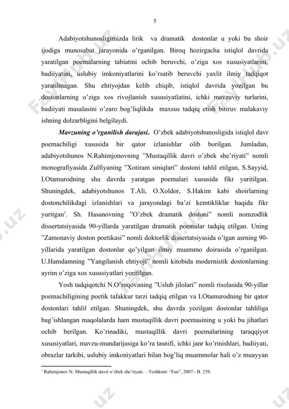 qiyot xususiyatlarini, badiiyatini ilmiy asosda yoritib berish bitiruv malakaviy ishining asosiy maqsadini tashkil etadi. tadqiqotning vazifalari: · istiqlol davrida yaratilgan dostonlarning rivojlanish xususiyatlarini ochib berish; · xalq dostonchiligi uslubida yozilgan dostonlarning o’ziga xos jihatlarini yoritish; · lirik va dramatik doston tadrijini o’rganish; · tarixiy mavzudagi poemalarning o’ziga xos xususiyatlarini ochib berish; · davr dostonchiligida qo’llangan folklorizmlarning badiiy vazifalarini ochib berish; · dostonlarning o’ziga xos badiiy-kompozitsion xususiyatlarini o’rganish; · shoirlarimizning dostonchilikdagi badiiy mahoratini yoritish. tadqiqotning manbalari. bitiruv malakaviy ishni yozishda zulfiya, a.oripov, o.matjon, h.sharipov, m.ali, a.suyun, a.mahkam, i.otamurod, u.qo’chqor, t.nizom, e.shukur, y.eshbek, m.rahmon, sh. qurbon, r.fayz, a.eshonov, s.sayyid, q.rahimboyeva, m.toir, faxriyor, n.jonuzoq va boshqa shoirlarning mustaqillik davrida yaratgan dostonlari asos qilib olindi. lozim o’rinlarda xalq og’zaki ijodi namunalari va zamonaviy dostonlarga murojaat etildi. tadqiqotning ilmiy yangiligi. ma’lumki, istiqlol davrida yaratilgan dostonlarning o’ziga xos taraqqiyot xususiyatlari, poema janr tipologiyasidagi mazmun va sifat o’zgarishlari, badiiyati masalasi adabiyotshunosligimizda maxsus va monografik tarzda o’rganilgan edi. …
