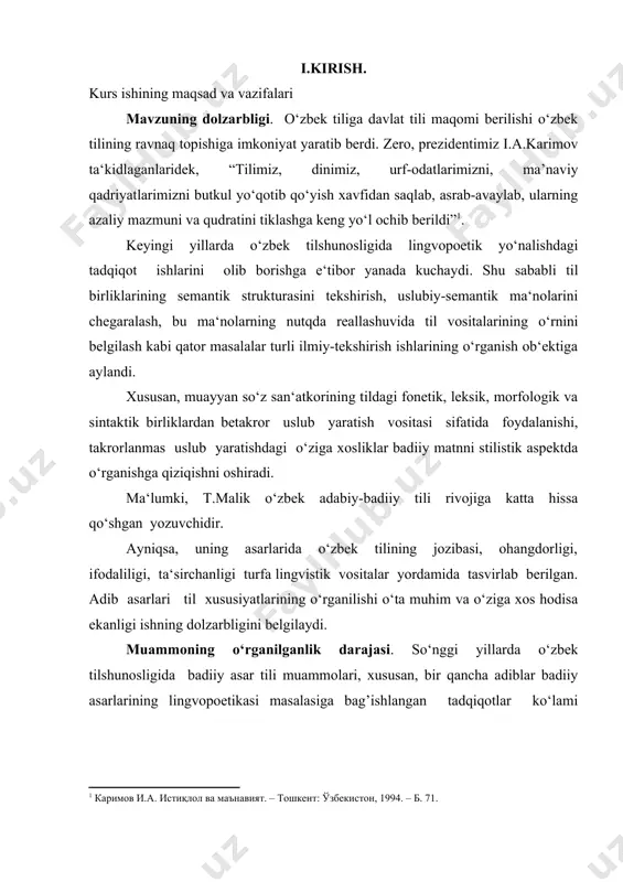 i, xususan, bir qancha adiblar badiiy asarlarining lingvopoetikasi masalasiga bag’ishlangan tadqiqotlar ko‘lami kengaydi[footnoteref:2]. jumladan, m.yo‘ldoshevning “badiiy matn va uning lingvopoetik tahlili asoslari” nomli monografiyasining nashr etilishi bu boradagi muammoli [2: йўлдошев м. шу манба; джалолова л. абдулла қодирийнинг «ўткан кунлар» романининг линвистик тадқиқи: филол. фан. ном. ... дис. автореф. - тошкент, 2007. - 22 б; шадиева д. муҳаммад юсуф шеърияти лингвопоэтикаси: филол. фан. ном. ... дис. автореф. - тошкент, 2007. - 25 б; келдиѐрова г. ўзбек бадиий нутқида антитеза (э.воҳидов шеърияти мисолида): филол. фан. ном. ... дис. автореф. - тошкент, 2000; йўлдошев м. чўлпоннинг бадиий тил маҳорати: филол. фан. ном. ... дис. автореф. - тошкент, 2000. ] masalarning yechilishiga xizmat qildi. tadqiqotning maqsadi. tadqiqotning asosiy maqsadi t.malikning o‘ziga xos so‘z qo‘llashi, badiiy til mahorati, o‘zbek adabiy tili rivojlanishi uchun qilgan xizmatlarini ko‘rsatishdan iborat. tadqiqot vazifalari. tadqiqotda quyidagi vazifalarni bajarish ko‘zda tutildi: − tilshunoslikda badiiy matn va uning belgilari to‘g’risidagi ma‘lumotlarni …