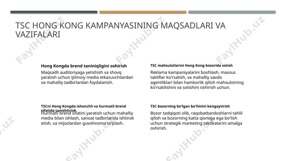 blar kampaniyalarini monitoring qilish, samaradorlikni taqqoslash, tendentsiyalarni aniqlash, va bozorda oldini olish uchun. tsc hong kong kampanyasidan muvaffaqiyat hikoyalari 1 brendni ommaboplik darajasini oshirish maqsadli ijtimoiy media reklamlari va influenser sherikliklari orqali tsc hong kong mahalliy bozorda brendning tanqidi 30% oshishini ko'rdi. 2 sotishlarda o'sish kampaniya mahsulot sotishlarida 40% g'alaba olishga olib kelgan, xususan, maxsus chegirmalar tashrif buyurganidan so'ng onlayn buyurtmalarde qandaydir katta oshish ko'rsatdi. 3 mijozlardan musiqa qayta aloqalar mijozlar so'rovnoma natijalarida tsc hong kong kampaniyasiga 95%ni tushunish darajasini ko'rsatdi, bir qanchasi brendning innovatsion yondashuvi va sifatli mahsulotlarini takdir qildilar. tsc hong kong kampanyasining kelajagi rejalari kengaytirish muhitga yo'naltirish biz ijtimoiy media mavjudligimizni oshirish va mahalliy etkazib chiqaruvchilar bilan hamkorlik qilishni rejalashtiramiz, hong kongdagi keng obrazga yetishish uchun. yangi barqaror inisiativani tanishtirish kelajak rejalashtirishlarimiz arasida ekologik to'plamni amalga oshirish va barqaror amallarni ommaviy qilish uchun mahalliy nnolar bilan hamkorlik qilish kiritilgan. jamoatni qo'llab-quvvatlash biz hong kong jamoatiga qo'llab-quvvatlashni kuchaytirish …