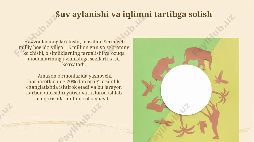 ab-quvvatlaydi. andijon viloyatining tog'li hududlarida uchraydigan 20 dan ortiq o'simlik turi va ular bilan simbiozda yashovchi hasharotlar, biologik xilma-xillikni oshirishda muhim ahamiyatga ega. oziq-ovqat zanjiri va oziq-ovqat to'rlari oziq-ovqat to'rlari murakkab va o'zaro bog'liq bo'lib, amazon o'rmonida 1000 dan ortiq turdagi organizmlarni o'z ichiga olishi mumkin. afrikaning serengeti milliy bog'ida sherlar singari yirtqichlar 2-3 darajali iste'molchilar hisoblanadi va ularning populyatsiyasi o'ljalarining mavjudligiga bog'liq. parazitizm va simbioz amazonda 2000 dan ortiq parazit turlarining mavjudligi, ularning oziq-ovqat zanjiri va biogeokimyoviy aylanishdagi ahamiyatini ko'rsatadi, bu esa butun amazonka havzasidagi hayot uchun muhimdir. o'zbekistonning cho'l hududlarida yashovchi 100 dan ortiq parazit turining 30 foizi simbiotik munosabatlarga ega bo'lib, ularning mezbon organizmlar bilan o'zaro ta'siri muayyan ekotizimning barqarorligiga ta'sir ko'rsatadi. kelajakdagi tadqiqotlar va istiqbollar yaqin 5 yil ichida amazon o'rmonlarida 1000 dan ortiq yangi hayvon turlarining genetik xususiyatlarini o'rganish orqali biosferadagi rolini aniqlash bo'yicha keng ko'lamli tadqiqotlar o'tkazish rejalashtirilgan. markaziy osiyo mamlakatlarida, xususan, qirg'izistonning tog'li …