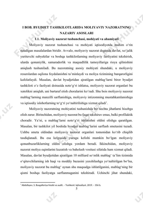 moliyaviy nazorat tushunchasini yanada aniqroq ifodalash uchun uning funksiyalariga ham e’tibor qaratish mumkin. birinchidan, nazoratning tekshiruv funksiyasi mavjud bo‘lib, u mablag‘lardan foydalanishda qonuniylikka amal qilinishini o‘rganadi. ikkinchidan, baholash funksiyasi mavjud bo‘lib, u sarflangan mablag‘larning samaradorligini aniqlaydi. uchinchi funksiyasi esa profilaktik xarakterga ega bo‘lib, u kelgusida moliyaviy intizomni mustahkamlash va qonunbuzarliklarni kamaytirishga qaratilgan. masalan, o‘qituvchilarga stipendiya to‘lashda moliyaviy nazorat tekshiruvlari olib borilsa, keyingi oylar uchun moliyaviy intizom yanada kuchayadi va xatoliklar takrorlanmaydi[footnoteref:2]. [2: abdurahmonov, q. davlat moliyasi: nazariya va amaliyot. – toshkent: universitet, 2021. – 412 b.] amaliyotda moliyaviy nazorat ko‘plab misollar orqali o‘z ifodasini topadi. bir misol sifatida davlat byudjetidan qurilish ishlari uchun ajratilgan mablag‘larni olaylik. qurilish ob’ektlari belgilangan me’yor va smetaga mos kelmagan holda amalga oshirilsa, moliyaviy nazorat bu xatolikni aniqlaydi va tegishli choralar ko‘radi. yana bir misol sifatida davlat grantlari orqali ilmiy tadqiqot ishlari uchun ajratilgan mablag‘larni olaylik. agar mablag‘larning bir qismi tadqiqot uchun emas, balki boshqa maqsadlarda …