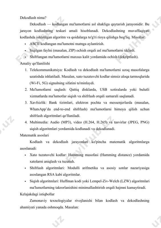 erensiyadan himoya qiladi. 3. spektrdan samarali foydalanish: bir nechta signallarni bir chastota diapazonida uzatish imkonini beradi (masalan, multiplexing). 4. moslashuvchanlik: turli aloqa muhitlariga (havo, sim, optik tolalar) moslashish. modulyatsiya turlari modulyatsiya asosan ikki toifaga bo'linadi: analog modulyatsiya va raqamli modulyatsiya. quyida ularning asosiy turlari keltirilgan. 1. analog modulyatsiya analog modulyatsiyada ma'lumotlar analog signal (masalan, ovoz yoki video) shaklida tashuvchi signalning parametrlarini o'zgartirish orqali uzatiladi. asosiy turlari: · amplituda modulyatsiyasi (am): tashuvchi signalning amplitudasi ma'lumot signaliga qarab o'zgartiriladi. masalan, am radioeshittirishda ishlatiladi. · chastota modulyatsiyasi (fm): tashuvchi signalning chastotasi ma'lumot signaliga qarab o'zgartiriladi. fm yuqori sifatli ovoz uzatishda (masalan, fm radiolar) qo'llaniladi. · faza modulyatsiyasi (pm): tashuvchi signalning fazasi ma'lumot signaliga mos ravishda o'zgartiriladi. bu ko'pincha raqamli aloqa tizimlarida ishlatiladi. 2. raqamli modulyatsiya raqamli modulyatsiyada ma'lumotlar ikkilik (0 va 1) shaklida uzatiladi. bu zamonaviy aloqa tizimlarida keng tarqalgan. asosiy turlari: · amplituda siljish modulyatsiyasi (ask, amplitude shift keying): signalning amplitudasi ikkilik …