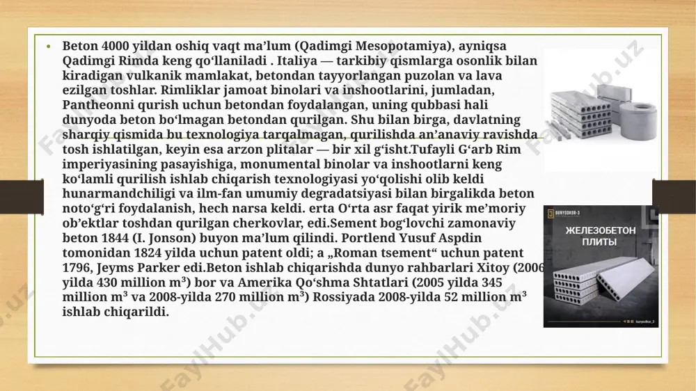 -vidy-cementnyh-betonov-raznovidnost-betona-otnositelno/ https://arxiv.uz/uz/documents/referatlar/transport/temir-beton-ko-priklar-haqida-umumiy-ma-lumotlar metrologiya standartlashtirish va sertifikatlashtirish p.r.ismatullayev p.m.matyakubova.