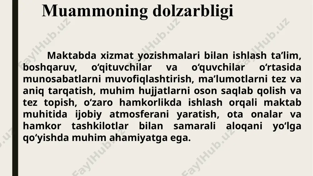 bdagi hujjatlarni qog’oz shakldan bosqichma bosqich elektron shaklga o’tkazish 2 xizmat yozishmalari bilan ishlash bo‘yicha kadrlar tayyorlash va ularning malakasini oshirishga e'tibor qaratilmoqda. biroq, raqamli texnologiyalarni qo‘llash bo‘yicha mutaxassislar yetishmovchiligi seziladi. singapurda raqamli hujjat boshqaruvi bo‘yicha maxsus tayyorgarlikdan o‘tgan kadrlar mavjud bo‘lib, ular zamonaviy texnologiyalarni samarali qo‘llay oladi. maktablardagi xizmat yozishmalarini yuritib boruvchi kadrlarni qayta tayyorlab malakasini oshirish va ish samaradorligini oshirish 3 so‘nggi yillarda raqamli texnologiyalarni ta'lim tizimiga joriy etish bo‘yicha qadamlar qo‘yilmoqda. biroq, maktablarda xizmat yozishmalarini to‘liq raqamlashtirish hali to‘liq amalga oshirilmagan. buyuk britaniya maktablarida hujjatlar bilan ishlash to‘liq raqamlashtirilgan. masalan, elektron pochta, onlayn platformalar va maxsus dasturlar orqali xizmat yozishmalari amalga oshiriladi, bu esa vaqt va resurslarni tejashga yordam beradi. mamlakatimizda raqamli texnologiyalarni ta’lim tizimiga joriy etish bo’yicha ishlarni hamkorlikda yakuniga yetkazib, vaqt va resurs tejamkorligiga erishish mavzuning qiyosiy tahlil etilganligi 9 mavzu yuzasidan umumiy xulosa o‘zbekiston maktablarida xizmat yozishmalarini boshqarishda raqamlashtirish jarayonini jadallashtirish, elektron hujjat aylanish …