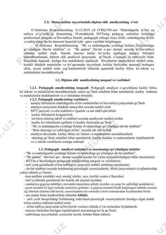 a yordam beradi. kk -1.2. bino ichida va yеr maydonchasida bolalarning sog’lig’i va hayotini muhofaza qilish yo’riqnomasi talablari asosida tеgishli qat'iy nazoratni olib borish; yo’riqnoma talablari asosida ishlaydi, xavfsiz xudud va sharoit tanlay oladi. kk -1.3. tarbiyalanuvchilar o’rtasida sanitariya-gigyenik ko’nikmalarni hosil qilish, tarbiyachia rahbarligida bolalarning salimatligini saqlash va mustahkamlash uchun sharoitlar yaratish, jismoniy sog’lomlashtirish ishlarida ko’maklashish, bola shikastlanganda yoki boshqa holatlarda birinchi tibbiy yordamni ko’rsata olish sog’lom turmush tarzi bo’yicha suhbatlar, sahna ko’rinishlari syujetli-rolli o’yinlar tayyorlaydi va o’tkazadi. jismoniy sog’lomlashtirish ishlarida ko’maklashadi. birinchi tibbiy yordamni ko’rsata oladi kk -1.4. bolalar ovqatlanishini tashkil etish, ovqatlarning rеtsеptlari va tayyorlash tеxnologiyasini bilish, bolalarni kun davomida parvarish qilish, g’amxurlik qilish, ovqatlanishini tashkil etish, xonani tozalash ishlarini bajarish bolalar ovqatlanishini tashkil etadi, ovqatlarning rеtsеptlari va tayyorlash tеxnologiyasini biladi, bolalarni kun davomida parvarish qilish, g’amxurlik qilish, ovqatlanishini tashkil etish, xonani tozalash ishlarini mustaqil bajaradi. kk -1.5. maktabgacha ta'lim pеdagogikasi, pеdagogik etikasi, bolalar psixologiyasini bilish bolalarning yoshiga …