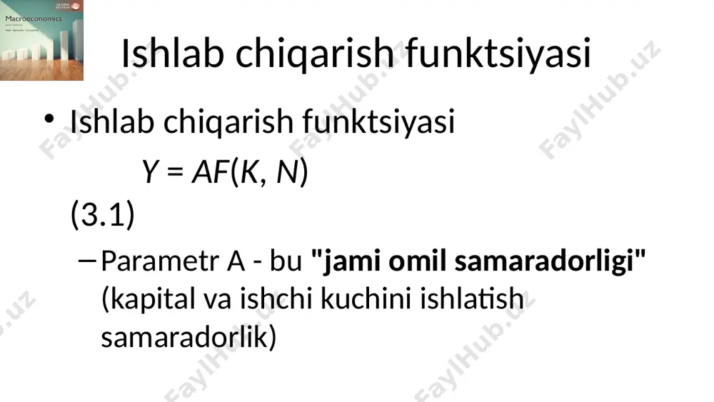 ishchi kuchi taklifi yalpi ishchi kuchi taklifi hozirgi real ish haqi ko'tarilganda ko'tariladi ba'zi odamlar ko'proq ishlaydilar boshqa odamlar ishchi kuchiga kirishadi natija: umumiy ishchi kuchi taklifining egri chizig'i yuqoriga qarab the supply of labor jami ishchi kuchi taklifi ishchi kuchi taklifini oshiruvchi omillar boylikning kamayishi kutilayotgan kelajakdagi real ish haqining pasayishi mehnatga layoqatli aholining ko'payishi (tug'ilishning yuqori darajasi, immigratsiya) ishchi kuchi ishtirokining ko'payishi (ayollarning mehnatga jalb etilishining ko'payishi, majburiy pensiyani bekor qilish) summary 4 3.9-rasm. mehnat bozori muvozanati labor market equilibrium classical model of the labor market—real wage adjusts quickly determines full-employment level of employment and market-clearing real wage problem with classical model: can’t study unemployment labor market equilibrium full-employment output full-employment output = potential output = level of output when labor market is in equilibrium (3.4) affected by changes in full employment level or production function (example: supply shock, fig. 3.10) figure 3.10 effects of a temporary adverse …