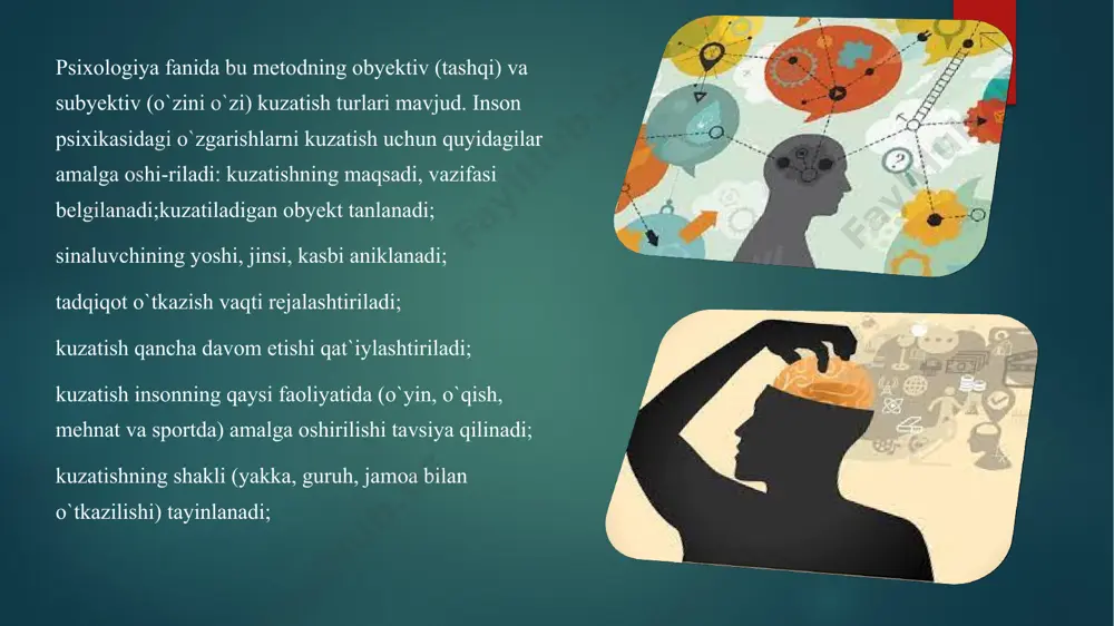 tqning buzilishi, hissiyot-ning beqarorlashuvi ham inson ruhiyatidagi o`zgarishlar bo`yicha ma`lumot beradi. tajriba (eksperiment) metodi. bu metod turli yoshdagi va kasbdagi odamlar (chaqaloq, bola, o`spirin, balog`atga yetgan va qarilar)ning psixikasini chuqurroq, aniqroq tadqiq qilish metodlari ichida eng muhimi hisoblanadi. eksperiment metodi yordamida sun`iy tushun-chalarning shakllanishi, nutqning o`sishi, favqulodda holatdan chiqish, muammoli vaziyatni hal qilish jarayonlari, shaxsning his-tuy-g`ulari, xarakteri vatipologik xususiyatlari o`rganiladi. eksperiment metodi o`z navbatida tabiiy va laboratoriya metodla-riga ajratiladi. tabiiy metod psixologik-pedagogik masalalarni xal qilishda qo`llanadi. bu metodning ilmiy asoslarini 1910-yilda rus psixologi a.f. lazurskiy ta`riflagan. tabiiy metoddan foy-dalanishda ishlab chiqarish jamoalari a`zolarining, ilmiy muassa-salar xodimlarining, o`qituvchilar, keksaygan kishilarning psixo-logik o`zgarishlari, o`zaro munosabatlari, ishchanlik qobiliyatlari, mutaxassislikka yarokdiligi muammolarini hal qilish nazarda tu-tiladi. tabiiy sharoitlarda inson psixikasini o`rganishda sina-luvchilar (bog`cha bolalari, maktab o`quvchilari, ishchilar, dehqonlar, ziyolilar, biznesmenlar, fermerlar, ilmiy xodimlar va hokazolar)-ning o`zlari bexabar bo`lishi, ta`lim jarayonida berilayotgan bilim-lar tadqiqot maqsadi muvofiqlashtirilishi, katta yoshdagi odamlar-ga tarbiyaviy ta`sir o`tkazish (interaksiya) kundalik mehnat …