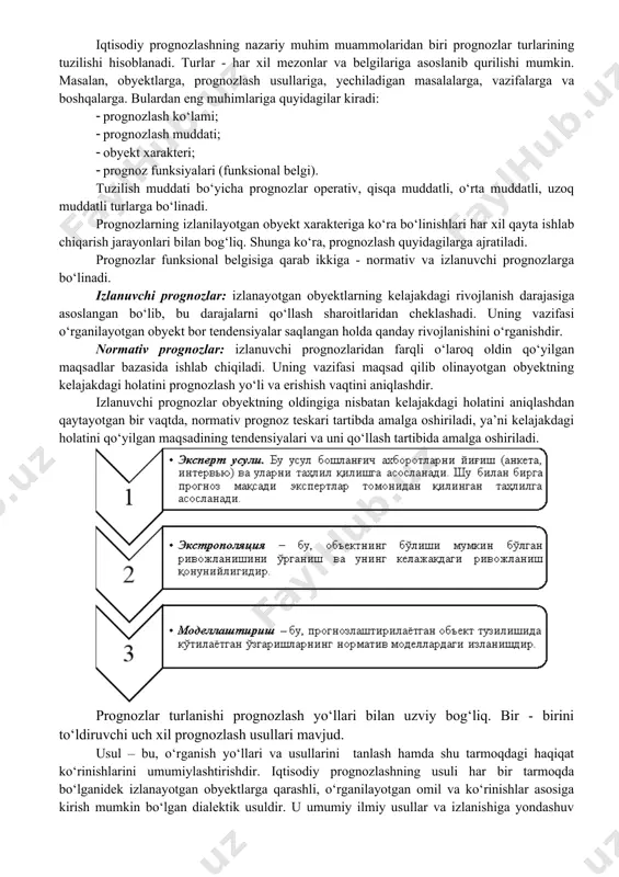 rivojlanish darajasiga asoslangan bо‘lib, bu darajalarni qо‘llash sharoitlaridan cheklashadi. uning vazifasi о‘rganilayotgan obyekt bor tendensiyalar saqlangan holda qanday rivojlanishini о‘rganishdir. normativ prognozlar: izlanuvchi prognozlaridan farqli о‘laroq oldin qо‘yilgan maqsadlar bazasida ishlab chiqiladi. uning vazifasi maqsad qilib olinayotgan obyektning kelajakdagi holatini prognozlash yо‘li va erishish vaqtini aniqlashdir. izlanuvchi prognozlar obyektning oldingiga nisbatan kelajakdagi holatini aniqlashdan qaytayotgan bir vaqtda, normativ prognoz teskari tartibda amalga oshiriladi, ya’ni kelajakdagi holatini qо‘yilgan maqsadining tendensiyalari va uni qо‘llash tartibida amalga oshiriladi. prognozlar turlanishi prognozlash yо‘llari bilan uzviy bog‘liq. bir - birini tо‘ldiruvchi uch xil prognozlash usullari mavjud. usul – bu, о‘rganish yо‘llari va usullarini tanlash hamda shu tarmoqdagi haqiqat kо‘rinishlarini umumiylashtirishdir. iqtisodiy prognozlashning usuli har bir tarmoqda bо‘lganidek izlanayotgan obyektlarga qarashli, о‘rganilayotgan omil va kо‘rinishlar asosiga kirish mumkin bо‘lgan dialektik usuldir. u umumiy ilmiy usullar va izlanishiga yondashuv hamda iqtisodiy kо‘rinishlarni ilmiy prognozlashga asoslangan о‘ziga xos usullar asosida ishlatiladi. umumiy yondoshuvlardan quyidagilarni ajratish mumkin: · tarixiy …