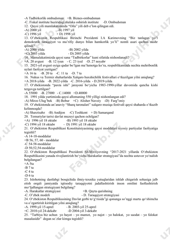 on” gazetasi bosh muharriri savollariga bergan javoblarida rahbar kadrlar, jumladan mahalliy hokimlarning faoliyat mezoni nimaga asoslanishi kerak deb ta`kidlab o`tdi -a har bir rahbarning faoliyat mezoni – korupsiyani yo`qotishga qaratilishi bilan belgilanadi -b har bir rahbarning faoliyat mezoni – adolatga asoslanishi kerak +c. har bir rahbarning faoliyat mezoni – bu xalqning orzu-umidlarini oʼziuchun asosiy maqsad qilib, ularni izchillik bilan roʼyobga chiqarishdan iborat -d har bir rahbarning faoliyat mezoni – bu xalqning dardini tinglashdan iborat 10. o’zbekiston mustaqillikka erishganining dastlabki yillarida huquqiy-demokratik davlat barpo etish uchun belgilangan eng muhim vazifalardan biri qaysi qatorda to’g’ri ko’rsatilgan? -a ko’ppartiyaviylik tizimi asosida professional parlamentni tashkil etish -b jamiyatda kuchli davlatdan kuchli fuqarolik jamiyatiga o’tish tamoyini tatbiq etish +c davlat hokimiyatining vakillik va fuqarolarning o‘zini o‘zi boshqarish organlarining yangi sharoitlarga mos keladigan tizimini yaratish -d jamiyatni modernizatsiya qilish yo’lida ijro etuvchi hokimiyat vakolatlarini kamaytirib, vakillik organlari vakolatlarini kengaytirish, prezidentning uchala hokimiyatni muvofiqlashtiruvchi rolini kuchaytirish 11. …
