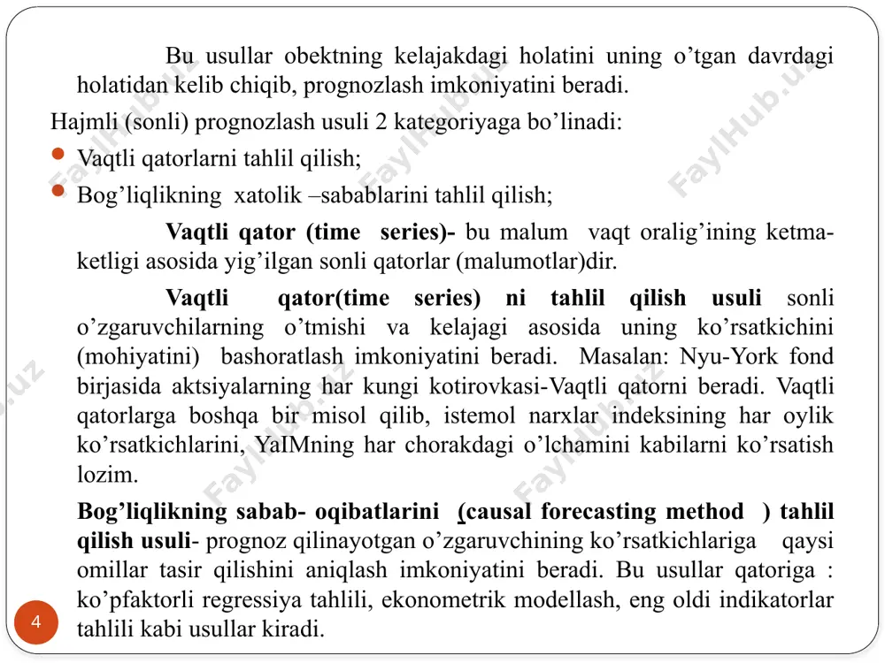 an holdagi malumotlar uchun klassik multiplikatli modeli yi = ti* si *ci*ii (4.2.) bu erda : ti –trend ko’rsatkichi (mohiyati), si- i- chi davrda mavsumiy komponentning qiymati, ci- tsiklli komponentning qiymati, ii – chi davr uchun tasodifiy komponent qiymati. ` vaqtli qatorlarni tahlil qilishning birinchi bosqichida malumotlar grafigi tuziladi va ularning vaqtga bo’lgan bog’liqligi aniqlanadi. dastlab, malumotlarning uzoq vaqtli o’sishi eki pasayishi (yani, trend) mavjudligi yoki yo’qligi, yohud gorizantal chiziq atrofida vaqt qatorlarining tebranishi aniqlanadi. agar trend mavjud bo’lmasa, malumotlarni silliqlash uchun sirg’anchiqli o’rtacha usulini yoki eksponentli silliqlash usullarini qo’llash mumikin. bunday sharoitda bu usullar suniy uzoq vaqtli trendlarni vujudga keltiradi. agar tabiiy (real) trend mavjud bo’lsa, har yilgi malumotlar asosida prognozlashning turli usullarini qo’llash imkoniyati tug’iladi. 9 5.1.sirg’aluvchi o’rtachalar. sirg’aluvchi o’rtacha usuli subektivlikka ega bo’lib, u l davrining uzunligiga bog’liqdir. u o’rtachalar mohiyatini aniqlash uchun tanlangan. tsiklli tebranishlarni oldini olish uchun davr uzunligi butun son bo’lishi kerak. tanlangan davr …