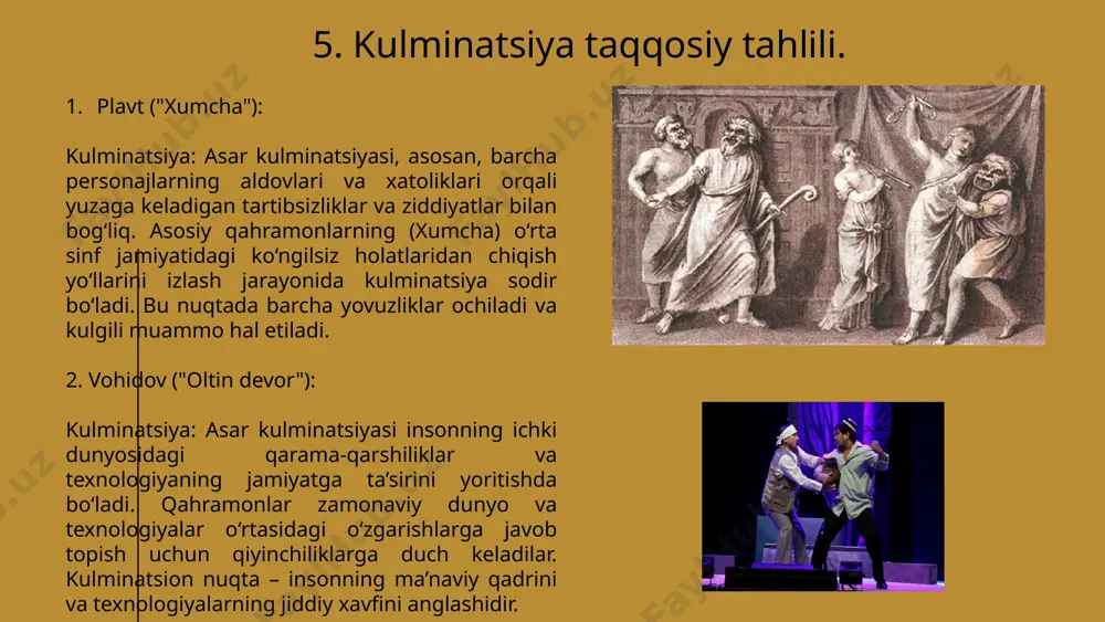 ko‘zlik yolg‘izlikka olib keladi”. 10. xulosa: o‘xshashlik va farqlar o‘xshashliklar: 1. insonning ichki qarama-qarshiliklari: har ikkala asar ham insonning ichki qarama-qarshiliklarini ko‘rsatadi. vohidovning "oltin devor" asarida inson ma'naviy izlanishlar orqali o‘zini anglashga harakat qiladi, plavtning "xumcha" asarida esa qahramonlar o‘z manfaatlari va ixtiyoriy qarorlar orqali qarama-qarshiliklarga duch keladi. 2. jamiyatdagi ijtimoiy masalalar: har ikki asarda ham jamiyatning muammolari va insonning ularni qabul qilishidagi qiyinchiliklar aks ettirilgan. vohidov asarda texnologiya va ma'naviyat o‘rtasidagi kurashni ko‘rsatadi, plavt esa ixtiyoriy aldovlar va ijtimoiy manipulyatsiyalarni kulgili tarzda tasvirlaydi. 3. simbolizm: ikkala asarda ham badiiy tafsilotlar va peysajlar simbolik ahamiyatga ega. vohidovda oltin devor, texnologiya va insonning ma'naviy holati bilan bog‘liq bo‘lsa, plavt asarida peysajlar va detallar ijtimoiy tahlilni kulgili tarzda aks ettiradi. farqlar: 1. asarlarning janri va maqsadi: vohidovning "oltin devor" asari ilmi-fantastik va falsafiy janrda bo‘lib, ma'naviy izlanishlar va texnologiyaning ijtimoiy ta'sirini ochib beradi. asarda asosiy maqsad insoniyatning kelajagi va ma'naviy qadriyatlarni muhokama …