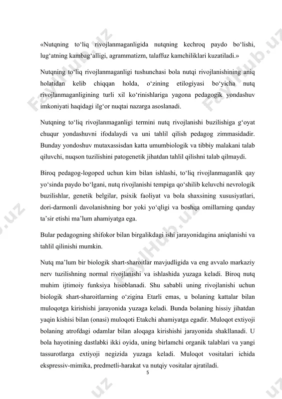 iga qaraganda inson ovozi tovushlarini turg‘un, tanlab ta’sirlanishi shakllanadi. m.i. lisina bu holatni jajji odamchaning muhim ehtiyojlarini ifodalashi – muloqotdagi ehtiyojlari sifatida baholaydi. bola nutqining yuzaga kelishi va rivojlanishida muloqotning hal qiluvchi rolini gospitalizm tekshiruvlari isbotlaydi. rag‘batlantiruvchi insoniy muhit (oila, bolalar guruhi va h.k.) dan bolani ajratib qo‘yish deprivatsion vaziyat sifatida o‘rganiladi. bu vaziyat bolaning psixik rivojlanishiga sekinlashtiruvchi omil sifatida ta’sir qiladi. agar bu vaziyat uzoq davom etsa psixik deprivatsiya holati yuzaga keladi. nutq rivojlanishiga, ayniqsa hissiy deprivatsiya yomon ta’sir ko‘rsatadi. bunda bola tug‘ilganidan boshlab uning affektiv ehtiyojlari (suyish, erkalash, yaxshi ko‘rish) qondirilmaydi. bunday vaziyat ko‘pincha otaonalari spirtli ichimliklar ichuvchi, onasi yo‘q oilalarda, bola tug‘ilishi bilan tarbiyaga sust qaraladigan bolalar uyida tarbiyalanishi oqibatida vujudga keladi. l.s. vigotskiy tomonidan bolaning psixik va rivojlanishida ta’lim va tarbiyaning etakchi roli haqidagi fikr ilgari surilgan. ayni vaqtda neyrofiziologik tadqiqotlar tufayli bu fikr rivojlandi va tasdiqlandi. bola miyasiga qanchalik ko‘p doimiy va xilma-xil axborotlar oqimi …