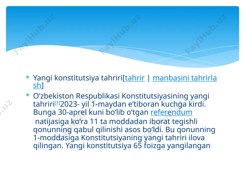 dasi 1-qismidagi „150 nafar deputatdan“ degan soʻzlar „deputatlardan“ degan soʻz bilan almashtirildi; 2002-yil 27-yanvarda oʻtkazilgan umumxalq referendumi natijalariga koʻra hamda uning asosida 2003-yil 24-aprelda qabul qilingan qonuniga muvofiq, konstitutsiyaning xviii, xix, xx, xxiii boblariga oʻzgartirishlar va qoʻshimchalar kiritilgan; 2007-yil 11-apreldagi qonun bilan konstitutsiyaning 89-moddasiga, 93- moddasining 15-bandiga, 102-moddasining ikkinchi qismiga tuzatishlar kiritilgan; 2008-yil 25-dekabrda qabul qilingan qonun bilan konstitutsiyaning 77-moddasi birinchi qismiga oʻzgartish kiritilgan; 2011-yil 18-aprelda qabul qilingan qonun bilan konstitutsiyasining 78, 80, 93, 96 va 98-moddalariga oʻzgartish va qoʻshimchalar kiritilgan; 2011-yil 12-dekabrda qabul qilingan qonun bilan konstitutsiyaning 90-moddasi ikkinchi qismiga tuzatish kiritilgan; 2014-yil 16-aprelda qabul qilingan qonun bilan konstitutsiyaning 32, 78. 93, 98, 103 va 117-moddalariga oʻzgartish va qoʻshimchalar kiritilgan; 2017-yil 6-aprelda qabul qilingan qonun bilan konstitutsiyaning 80, 81, 83, 93, 107, 110 va 111-moddalariga oʻzgartish va qoʻshimchalar kiritilgan; 2017-yil 31-mayda qabul qilingan qonun bilan konstitutsiyaning 80, 93, 108 va 109-moddalariga oʻzgartish va qoʻshimchalar kiritilgan; 2017-yil 29-avgustda qabul qilingan …