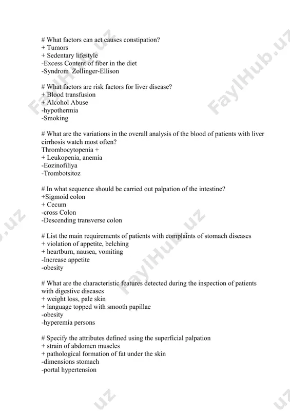 leading to chronic gastritis + rhythm disturbance power, long-term use of drugs + food poisoning, metabolic disorders -thyrotoxicosis -enterocolitis # what are the main syndromes in chronic gastritis + gastric dyspepsia, intestinal dyspepsia + pain -gepato-splenic syndrome -ast-neurotic syndrome # what are the main causes of peptic ulcer disease + heredity + chronic gastritis hyperacid -anatsit state -smoking # specify the main symptoms of peptic ulcer disease + pain, vomiting, heartburn, belching + regurgitation, salivation, occult blood -obesity -flatulence # list the main complication of peptic ulcer disease + bleeding, perforation, stenosis + malignization, penetration -losing weight -hronic pancreatitis # specify the research methods of ulcer disease + questioning, palpation, x-ray gastrointestinal egdfs + study of gastric juice, stool occult blood -percussion - ultrasonography # list the main clinical symptoms of bronchiectasis + cough with sputum production, hemoptysis + dyspnea, strong sweating -neurasthenia -gipertension # what is characteristic of pleural …