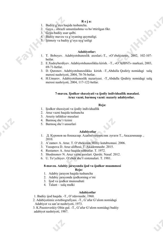 ijtimoiy va badiiy g‘oya uyg‘unligi adabiyotlar: 1. t. boboyev. adabiyotshunoslik asoslari.-t., «o’zbekiston», 2002, 102-107- betlar. 2. e.xudoyberdiyev. adabiyotshunoslikka kirish. –t., «o’ajbnt» markazi, 2003, 69-71-betlar. 3. d. quronov. adabiyotshunoslikka kirish. -t.,abdulla qodiriy nomidagi xalq merosi nashriyoti, 2004, 70-76-betlar. 4. h.umurov. adabiyotshunoslik nazariyasi. -t.,abdulla qodiriy nomidagi xalq merosi nashriyoti, 2004, 117-122-betlar. 7-mavzu. ijodkor shaxsiyati va ijodiy individuallik masalasi. aruz vazni, barmoq vazni: nazariy adabiyotlar. reja: 1. ijodkor shaxsiyati va ijodiy individuallik 2. aruz vazni haqida tushuncha 3. aruziy tafakkur masalasi 4. barmoq she’r tizimi 5. barmoq she’r unsurlari adabiyotlar 1. д. қуронов ва бошқалар. адабиётшунослик луғати т., академнашр. , 2010. 2. a’zamov a. aruz. t. o‘zbekiston milliy kutubxonasi. 2006. 3. yusupova d. aruz alifbosi. t. akademnashr. 2015. 4. rustamov a. aruz haqida suhbatlar. t. 1972. 5. shodmonov n. aruz vazni asoslari. qarshi. nasaf. 2012. 6. u. to‘ychiyev. o‘zbek she’r sistemalari. t. 1981. 8-mavzu. adabiy jarayonda ijod va ijodkor muammosi reja: 1. adabiy …