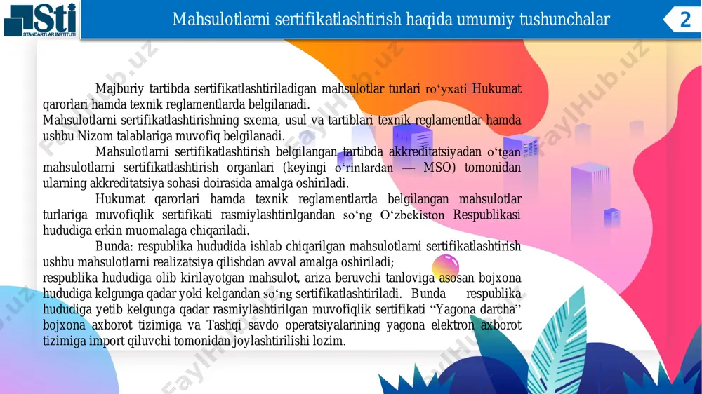 xos xususiyatlarini hisobga olgan holda, muvofiqlikni tasdiqlashning ushbu hujjatda ko‘zda tutilmagan boshqa sxema, usul va tartiblari belgilangan bo‘lishi mumkin. agar mahsulotga nisbatan ilgari qabul qilingan texnik reglamentda sertifikatlashtirishning sxema, usul va tartiblari belgilangan bo‘lsa yangi ishlab chiqilayotgan texnik reglamentlarda ham ushbu mahsulotga nisbatan sertifikatlashtirishning xuddi shunday sxema, usul va tartiblari belgilanadi. 4. ariza beruvchiga ma’lum bir mahsulot turiga sertifikatlashtirishning maqbul sxemasini tanlash huquqini berish maqsadida texnik reglamentda sertifikatlashtirishning bir nechta sxemalari belgilanishi mumkin. 5. mahsulotlarni sertifikatlashtirishda bir nechta akkreditatsiyadan o‘tgan mso mavjud bo‘lsa, ariza beruvchi o‘z tanloviga binoan ulardan biriga murojaat qilish huquqiga ega. mahsulotlarni sertifikatlashtirish haqida umumiy tushunchalar 3 1-chizma • 1-chizma mahsulot turini sertifikatlashtirishda qo‘llaniladi va mahsulotni majburiy ko‘rsatkichlari birinchi navbatda xavfsizlik bo‘yicha slda sinashni nazarda tutadi. mazkur chizma mahsulotga aniq standart mavjud bo‘lmagan taqdirda ham qo‘llaniladi. 2-chizma • 2-chizma mahsulot turini sertifikatlashtirishda qo‘llaniladi va mahsulotni majburiy ko‘rsatkichlari bo‘yicha slda sinashni nazarda tutadi. mazkur chizma savdo nuqtalaridan (iste’molchidan) …