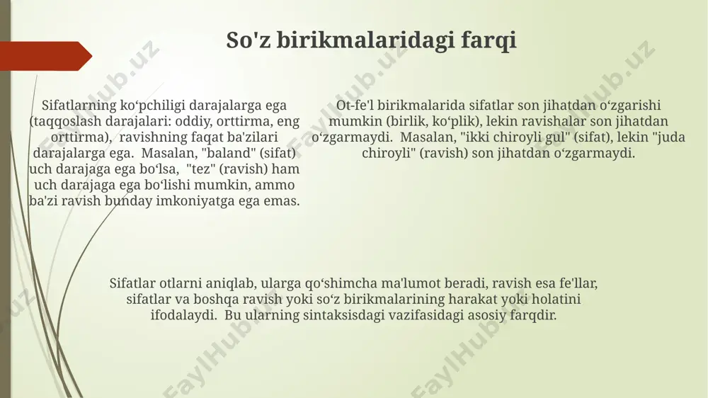 lar esa fe’llar, sifatlar yoki boshqa ravishlarning belgisini, 3 ta asosiy darajaga ega: oddiy, taqqoslash va ustunlik darajalari. fe’lning ma’nosini aniqlashda 2 ta asosiy omil muhim: fe’lning o‘zi va unga bog‘langan ravishlar, ravishlarning o‘zi ham fe’lning ma’nosini o‘zgartirib, turli ma’noli soyalarni beradi. fe’lning ma’nosini aniqlashda 2 ta asosiy omil muhim: fe’lning o‘zi va unga bog‘langan ravishlar, ravishlarning o‘zi ham fe’lning ma’nosini o‘zgartirib, turli ma’noli soyalarni beradi. misollar: farqlar sifatlar otlarni, olmoshlarni tavsiflaydi, ravish esa fe’llar, sifatlar yoki boshqa ravishni tavsiflaydi, bu semantik farqdir. sifatlar 1 ta so‘zni, ravish esa 2-3 ta so‘zni boshqarishi mumkin, bu ularning sintaksisdagi farqini ko‘rsatadi. sifatlar odatda otlardan keyin keladi (masalan, "katta uy"), ravish esa fe’ldan keyin (masalan, "tez yugurdi") yoki sifatdan keyin (masalan, "juda katta") keladi, bu ularning joylashuviga oid farqdir. sifat va ravishning umumiy ta'rifi sifatlar va ravish-lar ikkalasi ham soʻz turkumi boʻlib, otlarning (1-turkum) belgisini bildiradi, biroq birinchisi otni, ikkinchisi esa fe’l, sifat …