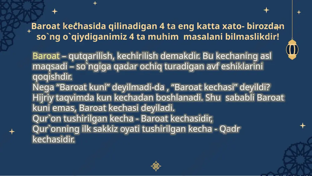 yila nomi ham baroat bo`lib qolgan . boshqa bir hadisda : “shabonning 15- kechasi kelganida , kechani uyg`oq, ibodat bilan, kunduzni esa ro`zador holda o`tkazing. u kecha, quyosh botganidan so`ng alloh rahmati ila dunyo samosiga tushadi va shunday xitob qiladi: ” istig`for aytadigan yo`qmi, uni avf etaman, rizq istagan yo`qmi, rizq beraman, boshiga bir musibat kelgan yo`qmi, sog`lik va ofiyat beraman”. shunday qilib , tong otgunga qadar bu hol shu tarzda davom etadi. shunday bir muborak kechadan nasibsiz qolgan kishi yomg`irda bo`la turib, quruq qolgan odamga o`xshaydi. baroat kechasida qilinadigan 4 ta eng katta xato- birozdan so`ng o`qiydiganimiz 4 ta muhim masalani bilmaslikdir! bu 4 masala baroatning shartlaridandir. tavba allohning diniga xizmat etish 01 02 04 03 namoz iymon baroat kechasidandan nasibador bo`lish uchun kerak bo`lgan 1- shart: iymonni o`rganish. 01 agar bir tanaga iymon kirmasa, shirk kirsa u insonni baroatdan nasibasi bo`lmaydi. sahobalar ham shu sababdan :“hayotim so`nggida iymon …