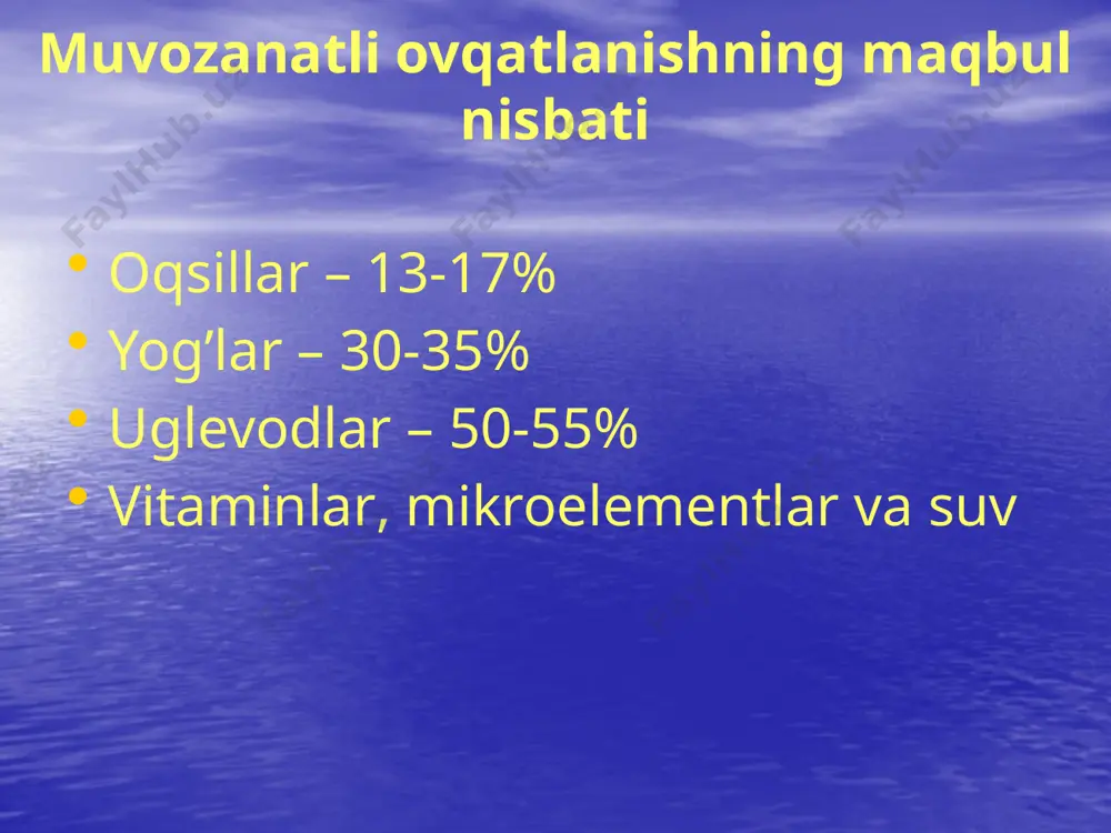h, ozuqa aralashmalarini almashtirish ko'ngil aynishi va qayt qilish buning sabablari: oshqozonni bo'shatishni kechiktirish, giperosmolyar aralashmaning tez kiritilishi ogohlantirish: bosh uchini ko'tarish, prokinetik preparatlarni qo'llash, aralashmaning tezligini kamaytirishтошнота и рвота qorin dam bo’lishi, spazmlar, gaz shakllanishi sabablari: aralashmaning tez kiritilishi, ozuqa aralashmalarining so’rilishi buzilishi ogohlantirish: aralashmaning uzluksiz rejimiga o'tish, oziuqa kiritish tezligini kamaytirish, laktoza bo'lmagan aralashmadan foydalanish parenteral ovqatlanish parenteral oziq-ovqat to'liq va qo'shimcha bo’ladi parenteral oziqlanishning asosiy tarkibiy qismlari ikki guruhga bo'linadi: energiya donatorlari (uglevodlar, yog ' emulsiyalari), plastik materiallarning donatorlari (kristalli aminokislotalarning eritmalari) yog ' emulsiyalari: intralipid, lipovenoz, lipofundin, omegaven, lipoplus va boshqalar. kristal aminokislotalar: kazein gidrolizat, infuzamin, infezol parenteral oziqlantirishga qarshi ko'rsatmalar oziqlanishning alohida tarkibiy qismlarini ko’tara olmaslik refrakter shok sindromi gipergidratsiya yog ' emboliyasi ozuqa moddalarining tarkibiy qismlariga anafilaksiya parenteral oziqlanishning asoratlari infektsion: flebit, tromboz, angiogen (kateter) sepsis metabolik: giper va gipoglikemiya, giper va gipokaliyemiya, natriy, xloremiya, fosfatemiya va boshqalar. parhez ovqatlanish tabiiy va sun'iy mexanik, …