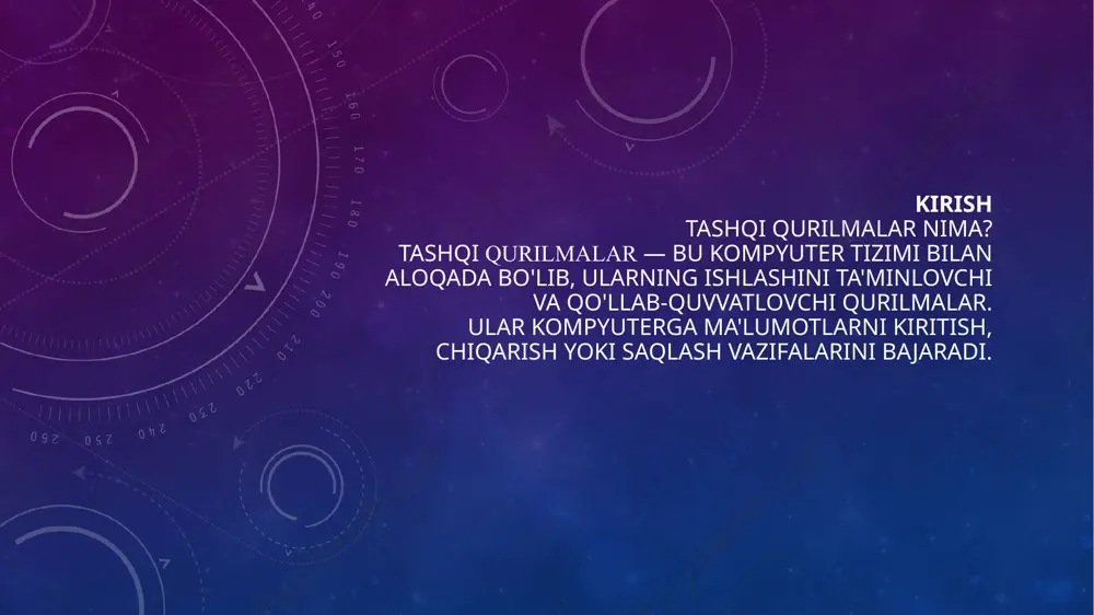ash va ularga kirish imkonini beradi. misollar: qattiq disk (hdd), ssd, usb flesh-disklar, cd/dvd disklar. qattiq disk (hdd) qattiq disk — kompyuteringizdagi asosiy saqlash qurilmasi bo'lib, katta hajmdagi ma'lumotlarni saqlaydi. xususiyatlari: o'rtacha sekinlik, katta hajm. ssd (solid state drive) ssd — ma'lumotlarni tezkor saqlash va ularga kirish imkoniyatini beradigan zamonaviy qurilma. afzalliklari: tezkor ishlash, energiya tejamkorligi, shovqinsiz ishlash. usb flesh-disk usb flesh-disk — kichik hajmdagi tashqi saqlash qurilmasi bo'lib, osonlik bilan ko'chirish va saqlash imkonini beradi. foydalanish joylari: fayllarni tashish, zaxira nusxalarini saqlash. cd/dvd disklar cd/dvd disklar — ma'lumotlarni saqlash uchun ishlatiladigan optik qurilmalar. hozirgi kunda kamroq ishlatiladi, ammo arxivlash uchun qo'llaniladi. tashqi qurilmalarning ishlash tamoyillari har bir tashqi qurilma kompyuter bilan alohida interfeys orqali ulanadi. usb, bluetooth, hdmi kabi portlar orqali ma'lumot uzatish. tashqi qurilmalarning afzalliklari va kamchiliklari afzalliklari: portativlik, oson ulanish, qo'shimcha imkoniyatlar yaratish. kamchiliklari: ishlash tezligi, ishonchlilik, ba'zi qurilmalar uchun batareya zarurati. xulosa va savollar tashqi qurilmalar …