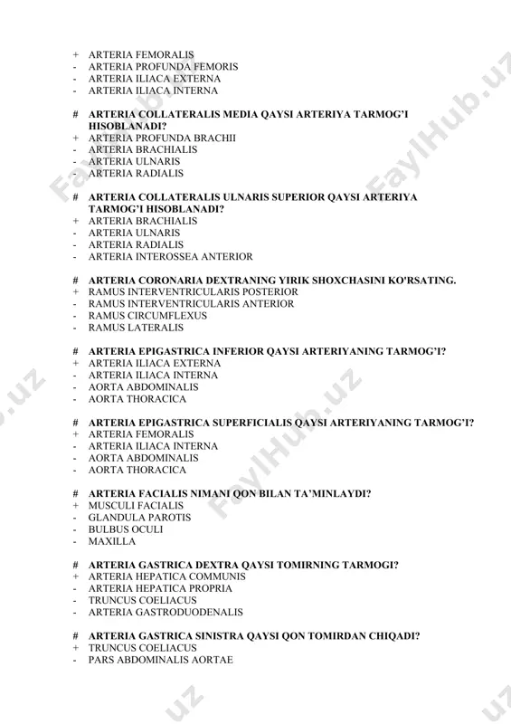 arteria cerebri media # arteria lienalis qaysi qon tomirdan chiqadi? + truncus coeliacus - pars abdominalis aortae - arteria mesenterica superior - arteria mesenterica posterior # arteria maxillaris nimani qon bilan ta’minlaydi? + tunica mucosa nasi - lingua - glandula parotis - bulbus oculi # arteria mesenterica superior umurtqaning qaysi sohasidan chiqadi? + vertebra lumbalis i - vertebra thoracica x - vertebra lumbalis ii - vertebra lumbalis iii # arteria ophthalmica qaysi qon tomir tarmog’i hisoblanadi: + arteria carotis interna - arteria facialis - arteria carotis externa - arteria maxillaris # arteria pericardiophrenica qaysi arteriya tarmog’i? + arteria thoracica interna - arteria subclavia - truncus thyrocervicalis - pars thoracica aortae # arteria peronea qaysi arteriya tarmog’i? + arteria tibialis posterior - arteria femoralis - arteria tibialis anterior - arteria poplitea # arteria temporalis superficialis nimani qon bilan ta’minlaydi? + glandula parotis - glandula submandibularis - palatum molle - bulbus oculi …