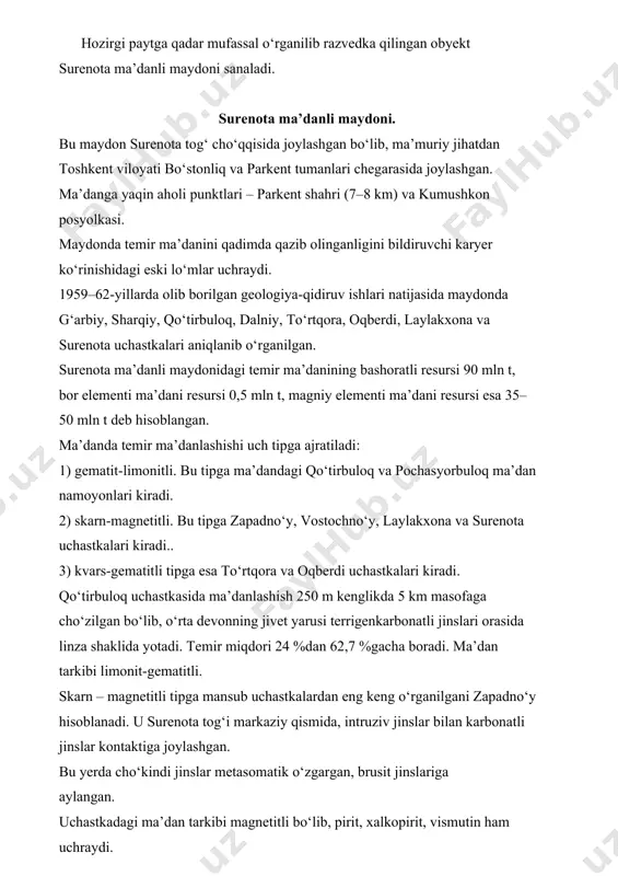 toifasi bo‘yicha zaxirasi 174 m chuqurlikkacha hisoblangan bo‘lib, 1 mln 691 ming t ni tashkil etadi. marganetsning o‘rtacha miqdori 15,67 %. marganetsning ma’danlashishi quyi silurning asosan kremniyli va ohakli slanetslari bilan genetik bog‘langan. mahsuldor gorizont subkenglik yo‘nalishida 8 km masofaga cho‘zilgan bo‘lib, qalinligi 100–300 m, yotish burchagi 50–80°. ma’dan tanalari shakli linza va qatlam ko‘rinishida bo‘lib, yondosh jinslar bilan mos holda yotadi. marganetsning asosiy ma’dan hosil qiluvchi minerallari: pirolyuzit, psilomelan, braunit, gausmanit, vernadit kompleksidan iborat(5-rasm). 5-rasm. marganetsning asosiy minerallari. 6-rasm. marganetsning ishlatilishi. 1-traktor zanjirlari. 2-mineral o‘g‘it. 3-aviatsiya. 4-kimyo sanoati. 5-tegirmon va maydalash. 6-elektrotexnika. 7-metallurgiya. 8-temir yo‘l. xrom konlari sof xrom kumushsimon oq rangdagi yaltiroq, oddiy sharoitda deyarli o‘zgarmaydigan metalldir. uning klarki 0,008, erish harorati 1890 °с, qaynash harorati 2327 °с, solishtirma og‘irligi 7,2. ishlab chiqariladigan xromning 50 %ga yaqini metallurgiyada zanglamaydigan, kislotalar va issiqlikka chidamli bo‘lgan maxsus po‘latlar ishlab chiqarish uchun, 40 %ga yaqini issiqqa chidamli materiallar (2100 °с gacha) …
