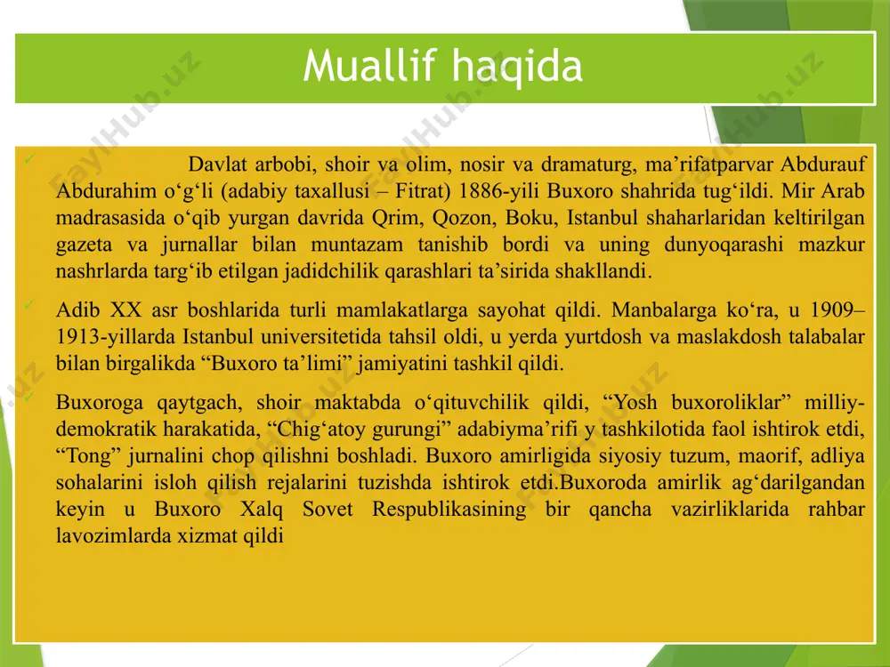 arakterini ochib beradigan gaplar, xatti-harakatlarni ajratib oling va quyidagi jadvalni daftaringizda to‘ldiring. asarni o‘qib bo‘lgandan ke yin to‘ldirgan jadvalingizni partadoshingizniki bilan qiyoslang. qaysi o‘rinlarda fi kringiz uyg‘un keldi va qaysi o‘rinlarda farq qildi? abulfayzxon (yo‘qsul o‘lkasining tarixidan besh pardali fojia k i m s a l a r* abulfayzxon – buxorodagi o‘zbek xonlarining soʻnggisi; qirq-ellik yoshlarinda. ulfat – xonning xo‘jasaroyi (haram boshlig‘i); qirq-ellik yoshlarinda. davlat to‘qsoba – xonning yaqin xizmatchilarindan. qozi nizom – buxoroning qozikaloni. ellik-oltmish yoshlarinda. hakimbiy – xonning inog‘i, soʻngra otalig‘i; ellik-oltmish yoshlarinda. rahim qo‘rchi – soʻngra to‘qsoba, soʻngra otaliq. hakimbiyning o‘g‘li; o‘ttiz-qirq yoshlarinda. mir vafo – rahimxonning hukmronlik tarixiga bag‘ishlangan “tuhfayi xoniy” asarining muallifi . hakimbiyning odami, ellik-oltmish yoshlarinda. donyolbiy – hakimbiyning ukasi; qirq-ellik yoshlarinda. k i m s a l a r* ibrohim inoq – soʻngra otaliq; oltmish-yetmish yoshlarinda. tog‘ayqulbek – mang‘it beklarindan. xo‘ja kalon – mashhur xo‘jalardan. oxund – buxoroning katta mullasi. nodir shoh – …