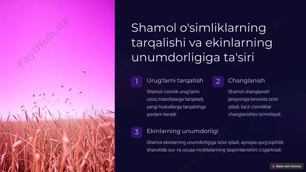 ratishga olib keladi. 5 shamolning landshaftlarga ta'siri dunyolar shamol qumli dunyolarni shakllantiradi, turli shakllar va o'lchamlarni yaratishga olib keladi. tog'lar shamol tog'larda eroziyani kuchaytiradi, tog' cho'qqilarining shakllanishiga ta'sir qiladi. vodiy shamol vodiylarni shakllantiradi, tuproq va toshni olib ketadi, bu esa noyob landshaftlarni hosil qiladi. 6 shamolning atmosfera holatlariga ta'siri shamol haroratning tarqalishini ta'minlaydi, bu esa turli hududlarning iqlimiga ta'sir qiladi. havoning harakati shamol havo massalarining harakatini boshqaradi, bu esa ob-havo sharoitlarini shakllantiradi. harorat bosim shamol havo bosimining o'zgarishiga olib keladi, bu esa shamolning yo'nalishi va intensivligini belgilaydi. 7 shamolning gidrologik jarayonlarga ta'siri suv oqimlari shamol suv oqimlarini boshqaradi, bu esa daryo va ko'llarni shakllantiradi. to'lqinlar shamol suvda to'lqinlar hosil qiladi, bu esa qirg'oq chizig'ining shakllanishiga olib keladi. suv bug'lanishi shamol suv bug'lanishini tezlashtiradi, bu esa suv balansini o'zgartiradi. 8 shamolning iqlim o'zgarishlariga ta'siri globallashuv shamol global miqyosda issiqlik va namlikni tarqatadi, bu esa iqlim o'zgarishiga ta'sir qiladi. harorat shamol haroratning …