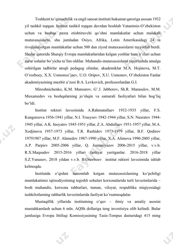 iqiyosidagi tashkilotlarning rahbarlik lavozimlarida faoliyat ko’rsatmoqdalar. mustaqillik yillarida institutning o’quv – ilmiy va amaliy asosini mustahkamlash uchun 6 mln. aqsh dollariga teng investisiya olib kelindi. bular jumlasiga evropa ittifoqi komissiyasining tasis-tempus dasturidagi 415 ming aqsh dollari; germaniyaning «xaydelberg» firmasi bilan hamkorlikdagi 500 ming doych-markaga teng matbaa-qo’shma o’quv markazi; yaponiya hukumatining 4 mln. aqsh dollarga teng beg’araz yordam granti orqali keltirilgan eng zamonaviy dastgohlar, sentex sertifikasiya asbob-uskunalari, 70 ming aqsh dollariga teng koriyaning homiyligi ostida xitoyning yujin krevis kompaniyasining pilla chuvish dastgohlari va boshqalar kiradi. «ipak texnologiyasi» kafedrasi -1932 yildan boshlab pillakashlik, ipak eshish va yigirish texnologiyalarini mukammal egallagan ipak texnologiyasi bo’yicha muhandislarni tayyorlab kelgan. kafedraga tabiiy ipak sohasining asoschilari, atoqli olimlar, professorlar p.a. osipov 1932-1938, 1940-1942, 1945-1958 yillarda, a.n. chernomirdin 19381940 yillar, g.n. kukin 1942-1945 yillar, s.s. ibrohimov1958-1968 yillar, e.b. rubinov 1968-1973 yillar, m.m. muhamedov 1973-1995 yillar, x.a. alimova 1995-2004 yillar, a.e.gulamov 2004-2014 yillari mudirlik qildilar. 2014-2018 yillardan « ipak …