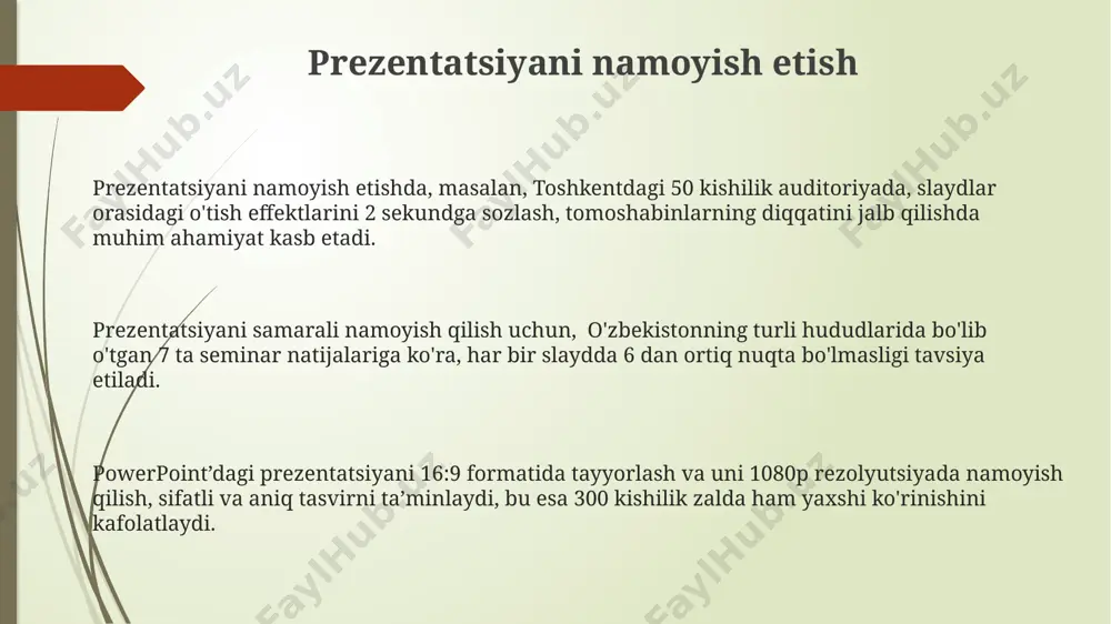 tlardan foydalanilgan holda ham, formatning buzilmasligiga ishonchingiz komil bo'ladi. powerpoint fayllarini png formatiga eksport qilish, har bir slaydni alohida rasm fayli sifatida saqlash imkonini beradi, bu esa 5 mb dan kichik hajmli fayllarni yaratish orqali elektron pochta orqali osongina yuborish imkonini beradi. powerpoint prezentatsiyangizni .pptx formatida saqlash, uni 1920x1080 piksel o'lchamdagi yuqori sifatli tasvir sifatida eksport qilish imkonini beradi, bu esa uni toshkentdagi katta ekranda namoyish qilish uchun ideal holatga keltiradi. ko'rinish va dizaynni sozlash power point'ning "dizayn" yorlig'ida 30 dan ortiq tayyor shablonlar mavjud bo'lib, ularning har biri turli xil rang sxemalari va effektlariga ega, masalan, "office" shabloni yoki "minimalist" shabloni kabi. slaydlarga rasmlarni qo'shishda, ularning o'lchamlarini 720x480 pikseldan kam bo'lmasligi tavsiya etiladi, chunki bu sifatni saqlash va toshkent kabi yirik shaharlardagi katta ekranlarda ham yaxshi ko'rinishni ta'minlaydi. matn formatini o'zgartirishda, 3 dan ortiq turli xil shriftlarni bir slaydda ishlatmaslik kerak, chunki bu ko'rinishni buzadi va o'quvchining e'tiborini chalg'itadi; …