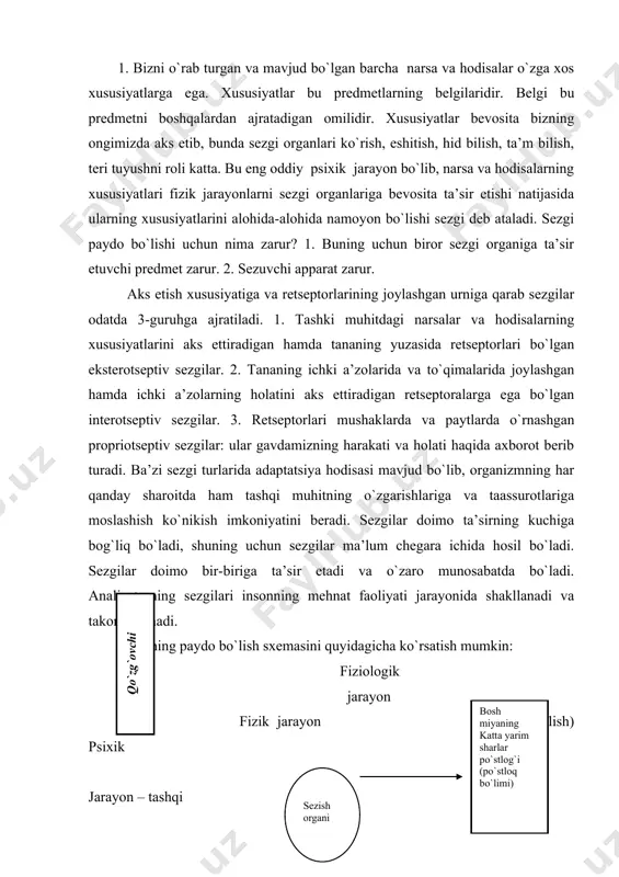 in: fiziologik jarayon fizik jarayon (qo`zg`alish) psixik jarayon – tashqi markazga qo`zg`alish intiluvchi energiyasini nervlar ongning markazdan mas’ulligiga qochuvchi aylanadi nervlar qayta aloqa kanali sezgi jarayoni ob’ektiv olamni to`g`ri aks etishini ta’minlovchi tashqi qo`zg`atuvchilarni tanlash va energiyani qayta ishlovchi sensor harakatlar tizimidan iboratdir. sezgilarni o`ta miqdorda ko`pligi, hamda tashqi olam energiyasini ong hodisasiga aylanishi haqida aniq fikrlarni i.m.sechenov bergan. agar insonni uyg`oq vaqtini o`rta hisobda 12 soat deb olinadigan bo`lsa va har bir faza bo`yicha o`rta sonni oladigan bo`lsak, ko`rish sezgisini 5 qismchalarga bo`lsak, ko`z orqali 8 ming sezgi, quloqdan undan kam emas, muskullar harakatida esa undan ham sezgi yuzaga kelar ekan. bir haftada u 56 ming, 1 oyda 204 mingni, 1 yilda 2 millionga yoqin sezgi hosil bo`ladi. idrokda esa doimo idrok etuvchi shaxsning hislatlari uning idrok etayotgan narsalariga munosabati, kishining extiyojlari, qiziqishlari, intilishlari, istaklari va his – tuyg`ulari u yoki bu tarzda aks etadi. idrok - bu narsa …