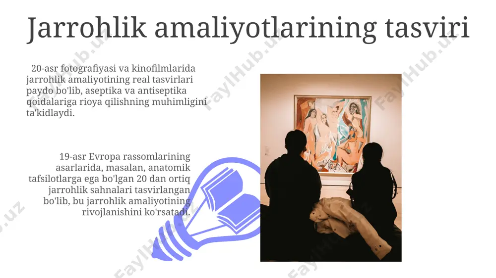 chizmalari va vesaliyning "de humani corporis fabrica" kitobidagi 200 dan ortiq tafsilotli tasvirlari bilan mashhur. 19-asrda litografiya texnologiyasining rivojlanishi tibbiy illyustratsiyalarni ommaviy nashr qilish imkonini berdi, bu esa tibbiy ta'lim va diagnostika jarayonlarini yaxshilashga yordam berdi. tibbiyotda estetikaning ahamiyati tibbiyotda bemorga boʻlgan estetik munosabat, shifokorning professionalligi va insonparvarligini 30% ga oshiradi, bu esa davolanish samaradorligini sezilarli darajada yaxshilaydi. jarrohlik amaliyotlarida estetik natijalarga erishish, bemorlarning qoniqish darajasini 15-20% ga oshirib, reabilitatsiya jarayonini tezlashtiradi. tibbiy texnologiyalar va sanʼat 01 02 zamonaviy bio-sanʼat, taxminan 10 dan ortiq turdagi tibbiy texnologiyalarni qoʻllab, inson tanasining mikro va makro tuzilmalarini sanʼat asarlariga aylantirib, biologiya va estetikaning uygʻunligini namoyish etadi. sales 1st qtr 2nd qtr 100 0 sales 1st qtr 2nd qtr 100 0 anatomiya va rassomchilik xvi asrda leonardo da vinchining inson anatomiyasini o'rganishdagi 200 dan ortiq tafsilotli chizmalari zamonaviy tibbiyot tasvirlash texnologiyalaridan ancha oldinroq anatomik bilimlarni rivojlantirishga katta hissa qo'shgan. antik davr haykallari va freskalarida …