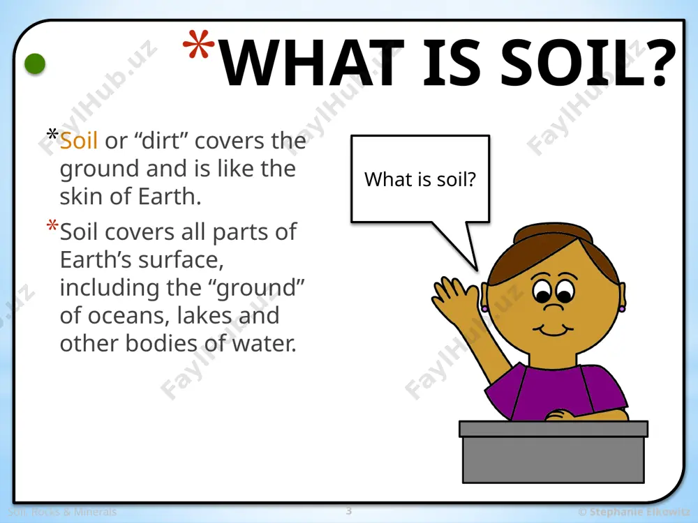 rients, such as nitrogen, in the soil. bacteria are plentiful in soil - 1 teaspoon of soil can have up to 1 billion bacteria! animals: some animals, such as snakes and groundhogs burrow in soil, insects (ex. worms) in soil help decompose dead organisms fungi: important decomposers that break down dead organisms soil, rocks & minerals © stephanie elkowitz 9 soil formation soil can take a long time to form. in fact, soil can take up to 1,000 years to form! there are 4 factors that influence how fast soil forms: organisms topography climate parent material soil, rocks & minerals © stephanie elkowitz 10 soil formation factor #1: organisms living things known as decomposers help break down dead organisms into organic matter. organic matter is an important part of soil. the kind and amount of decomposers in the soil can affect how fast organic matter forms. soil, rocks & minerals …